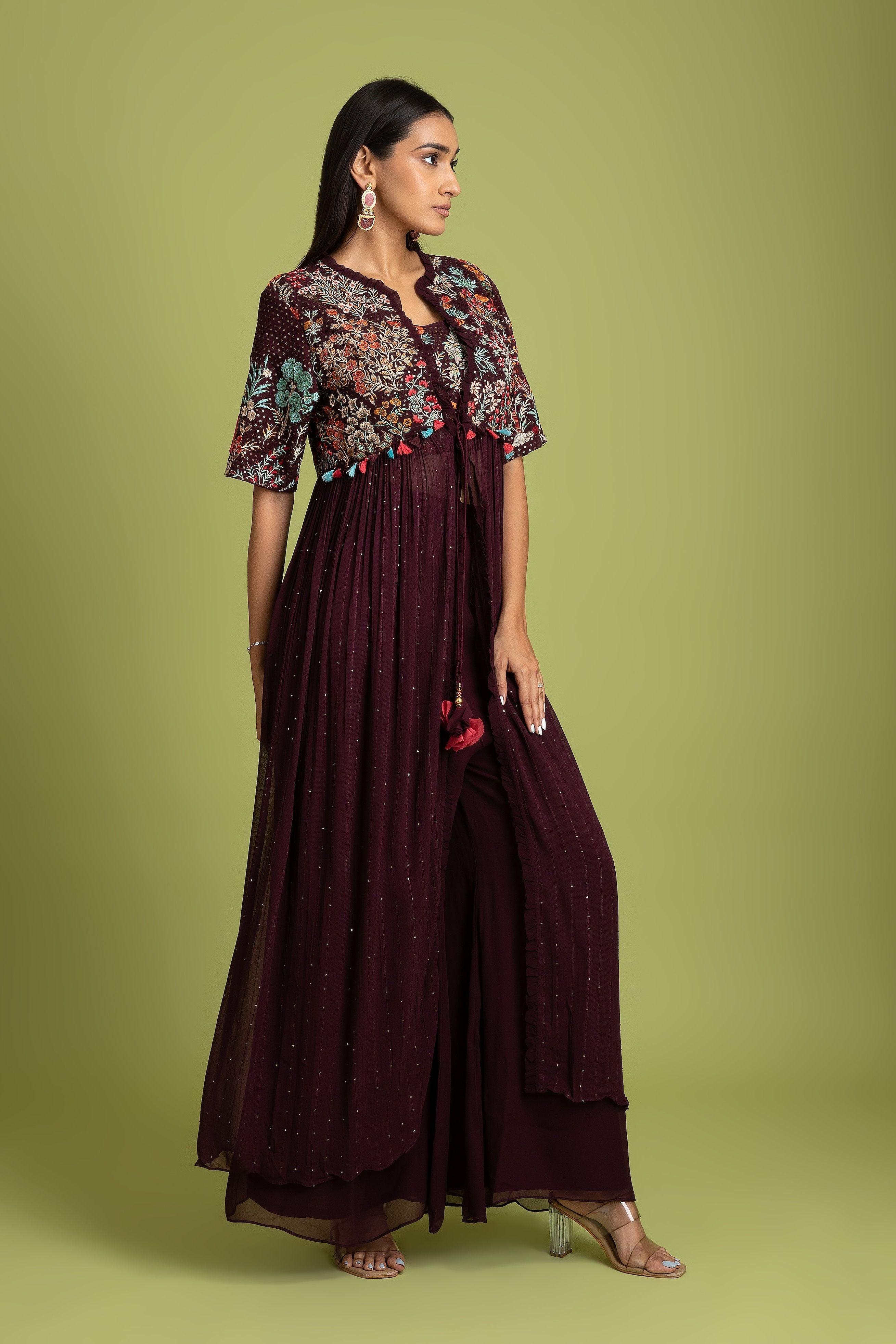 Wine Georgette Indo-Western - Mokshaa