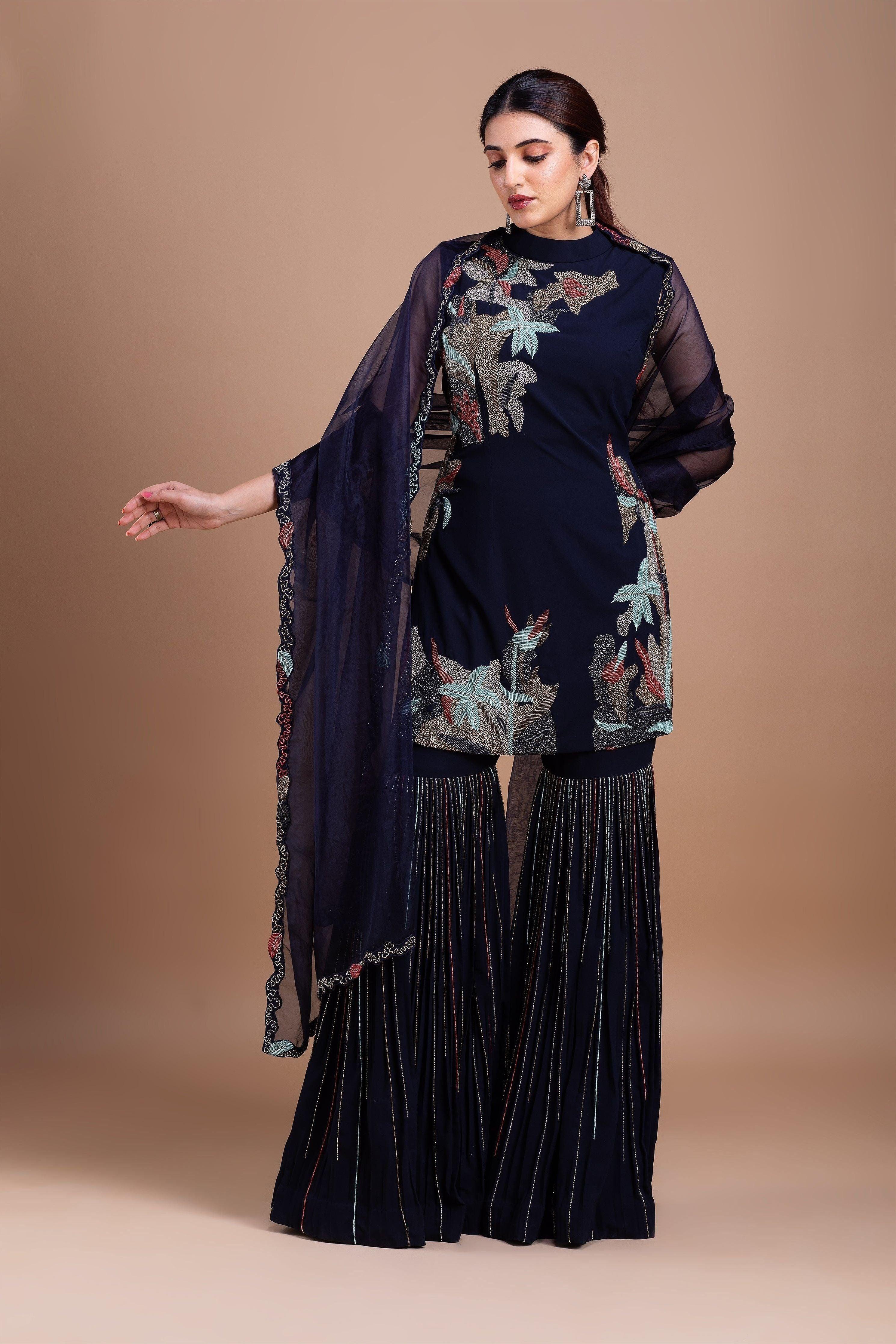 Black Cheed Floral Sharara Suit Set Mokshaa