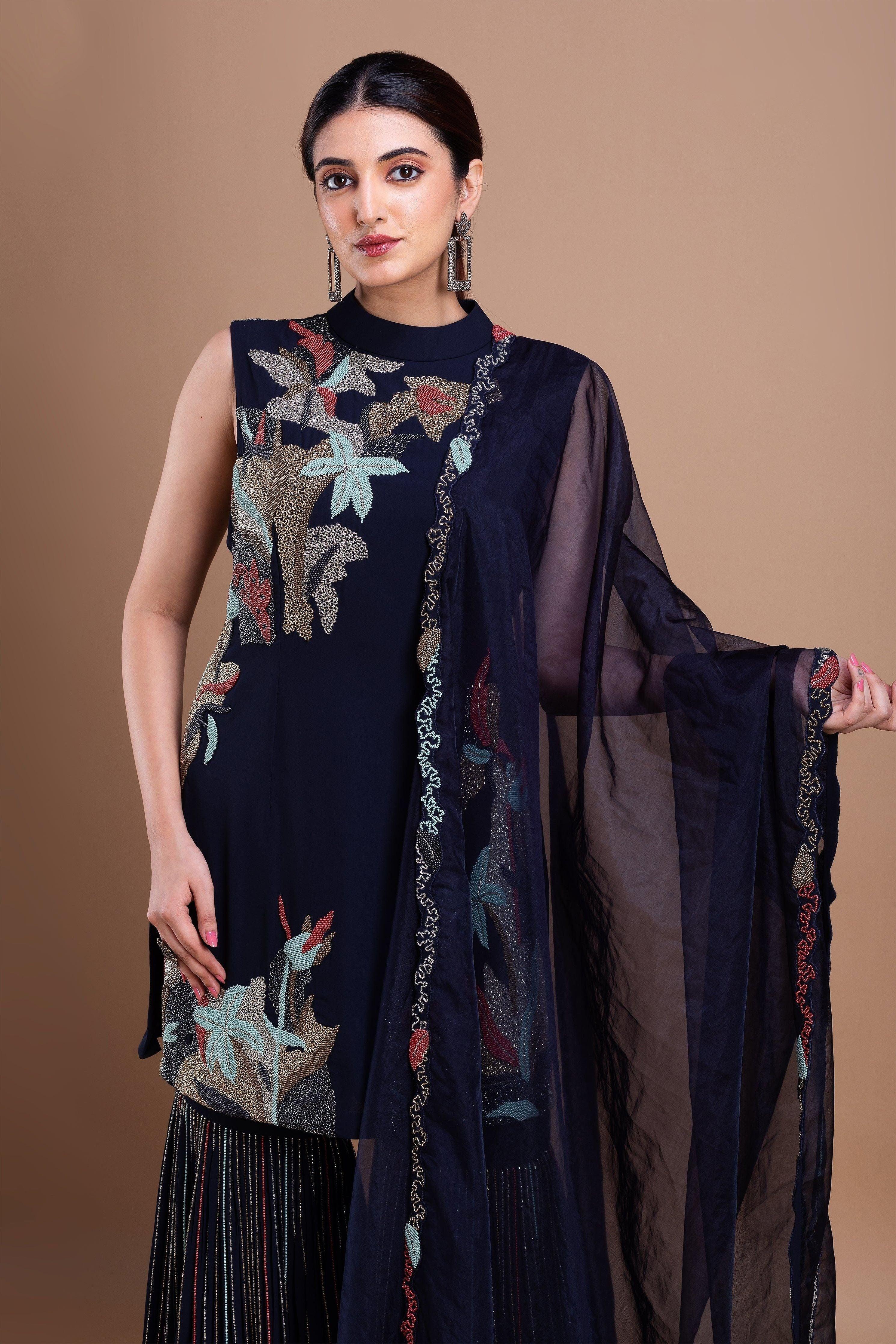 Black Cheed Floral Sharara Suit Set Mokshaa
