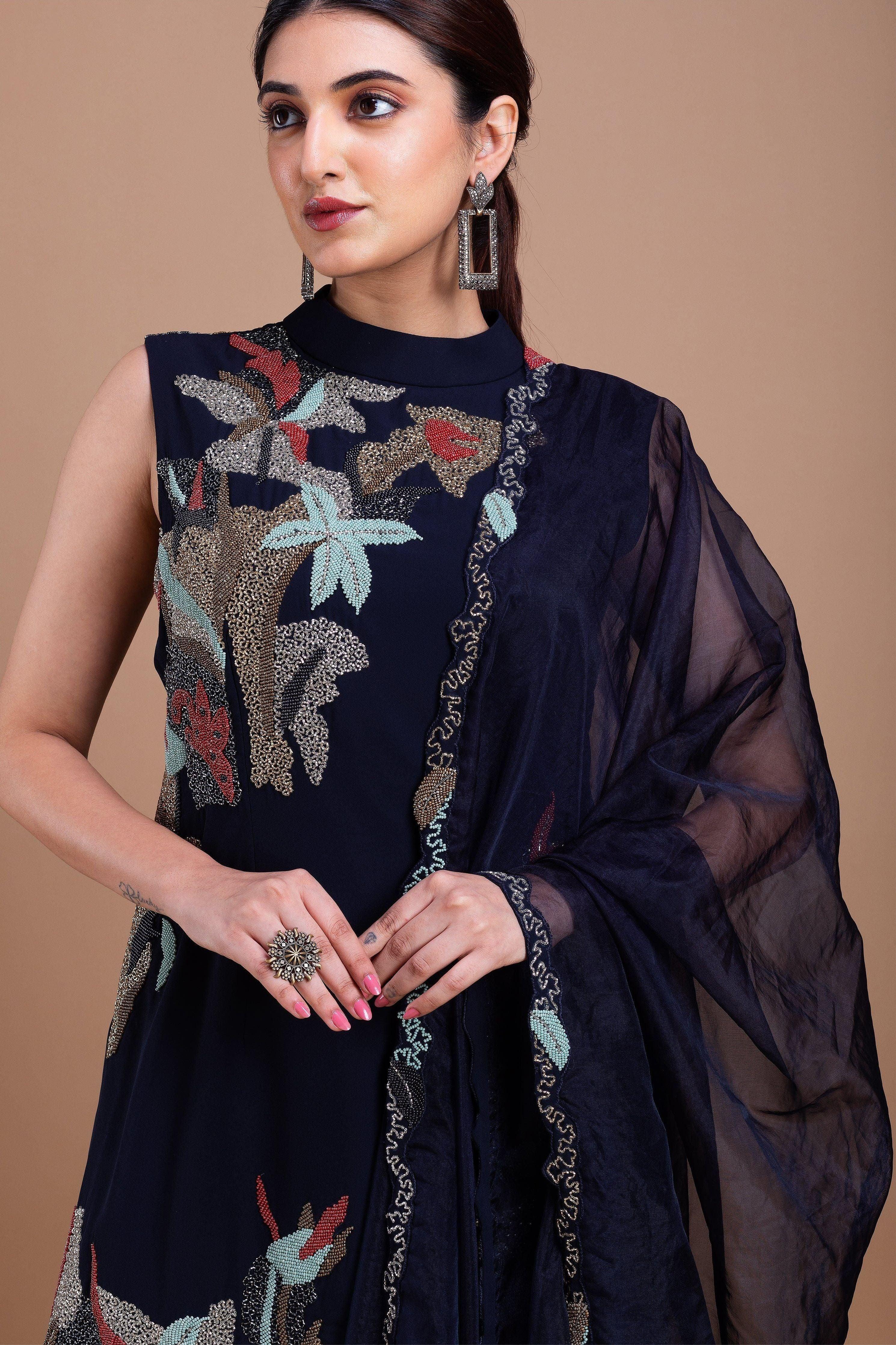 Black Cheed Floral Sharara Suit Set Mokshaa