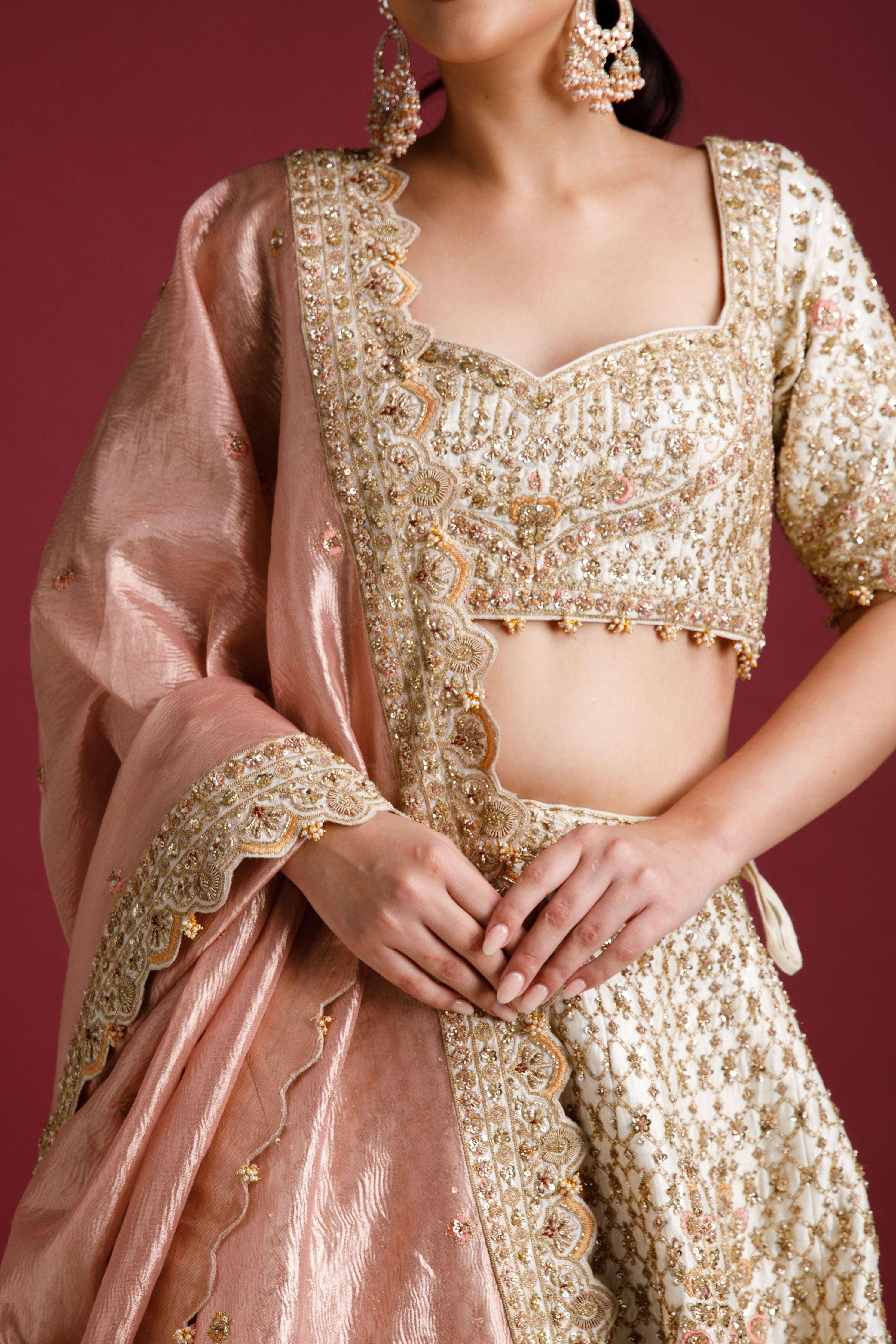 Ivory raw silk lehenga set - Mokshaa