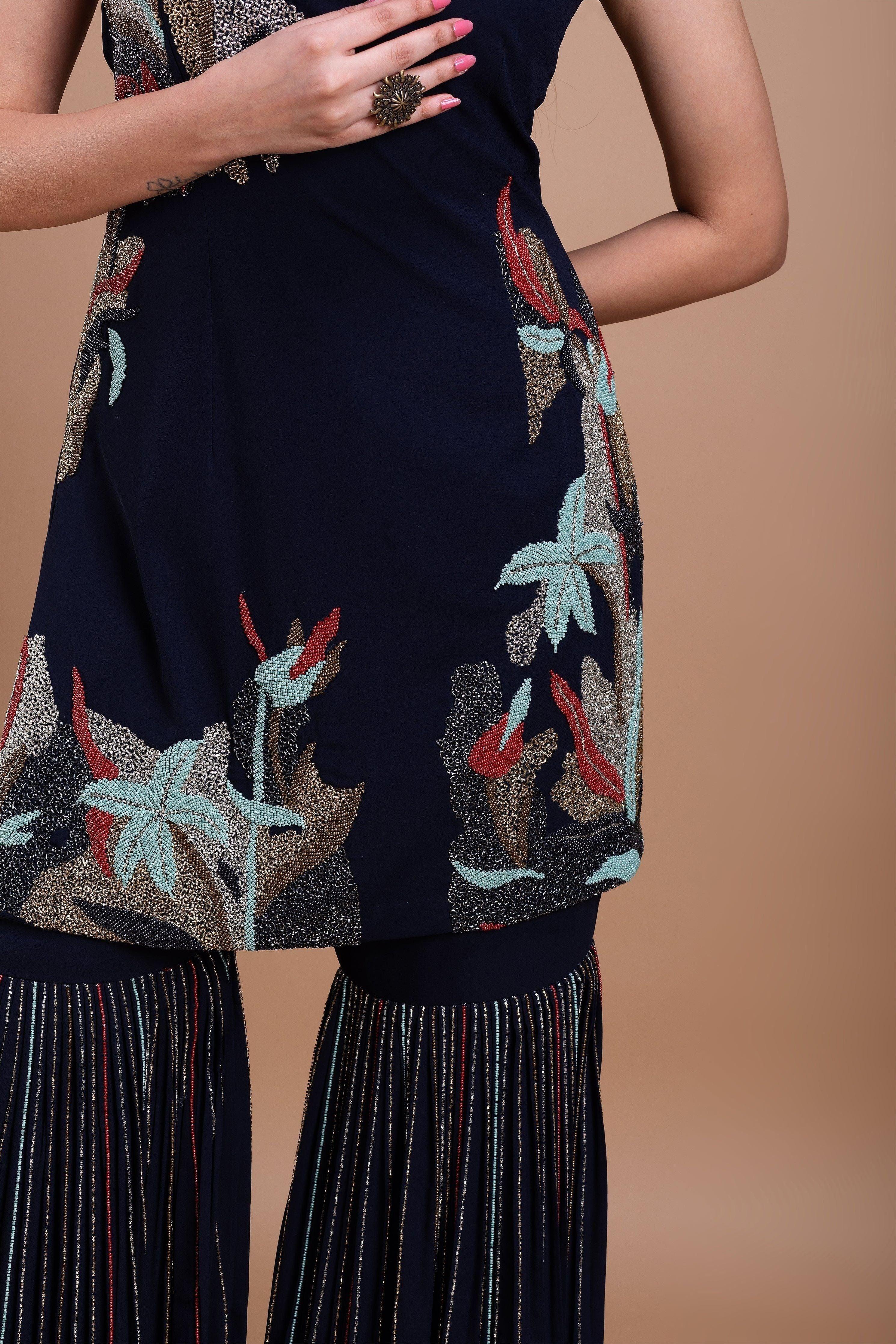 Black Cheed Floral Sharara Suit Set Mokshaa