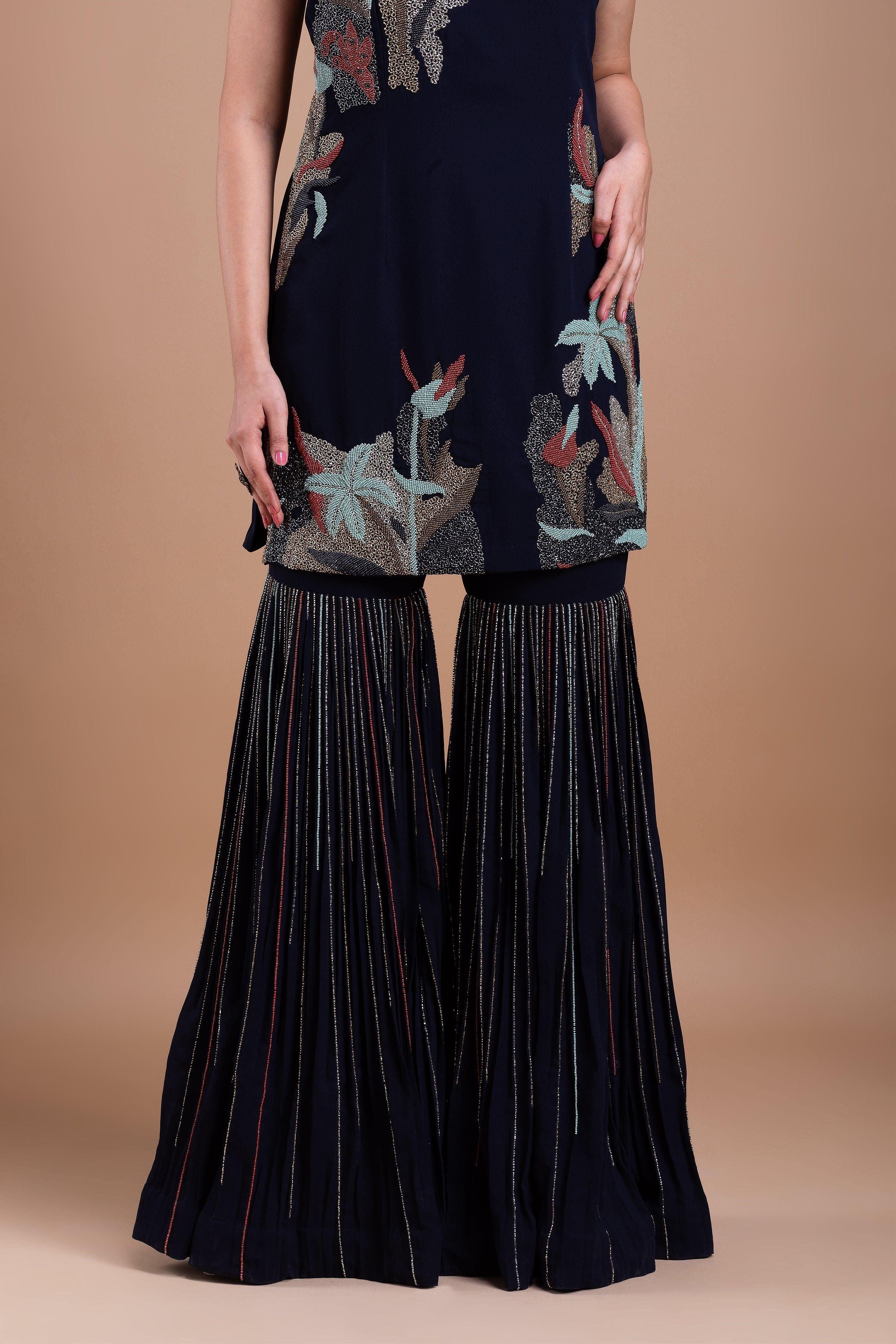 Black Cheed Floral Sharara Suit Set Mokshaa