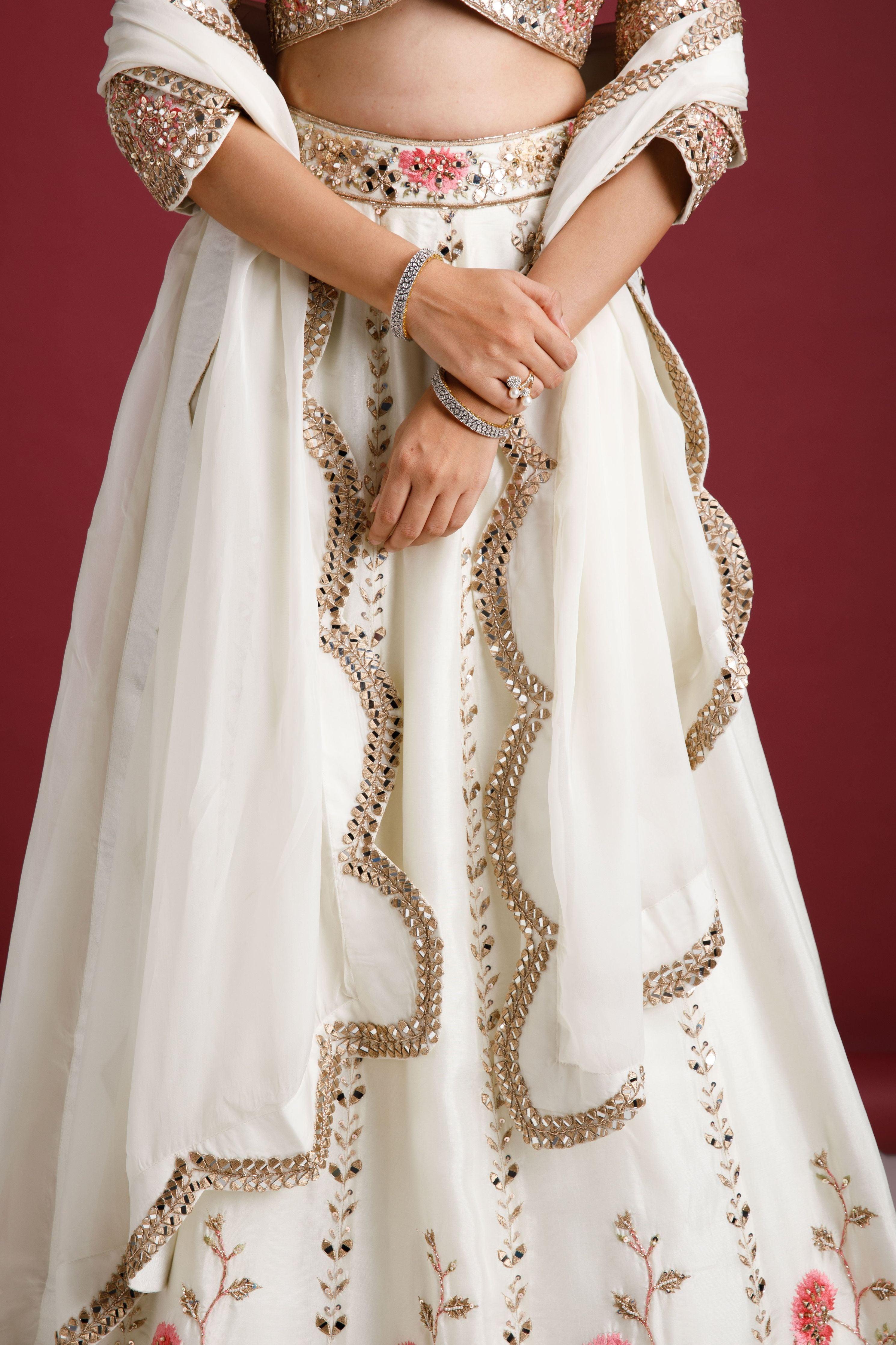 Ivory Embroidered Lehenga with Floral Motifs - Mokshaa