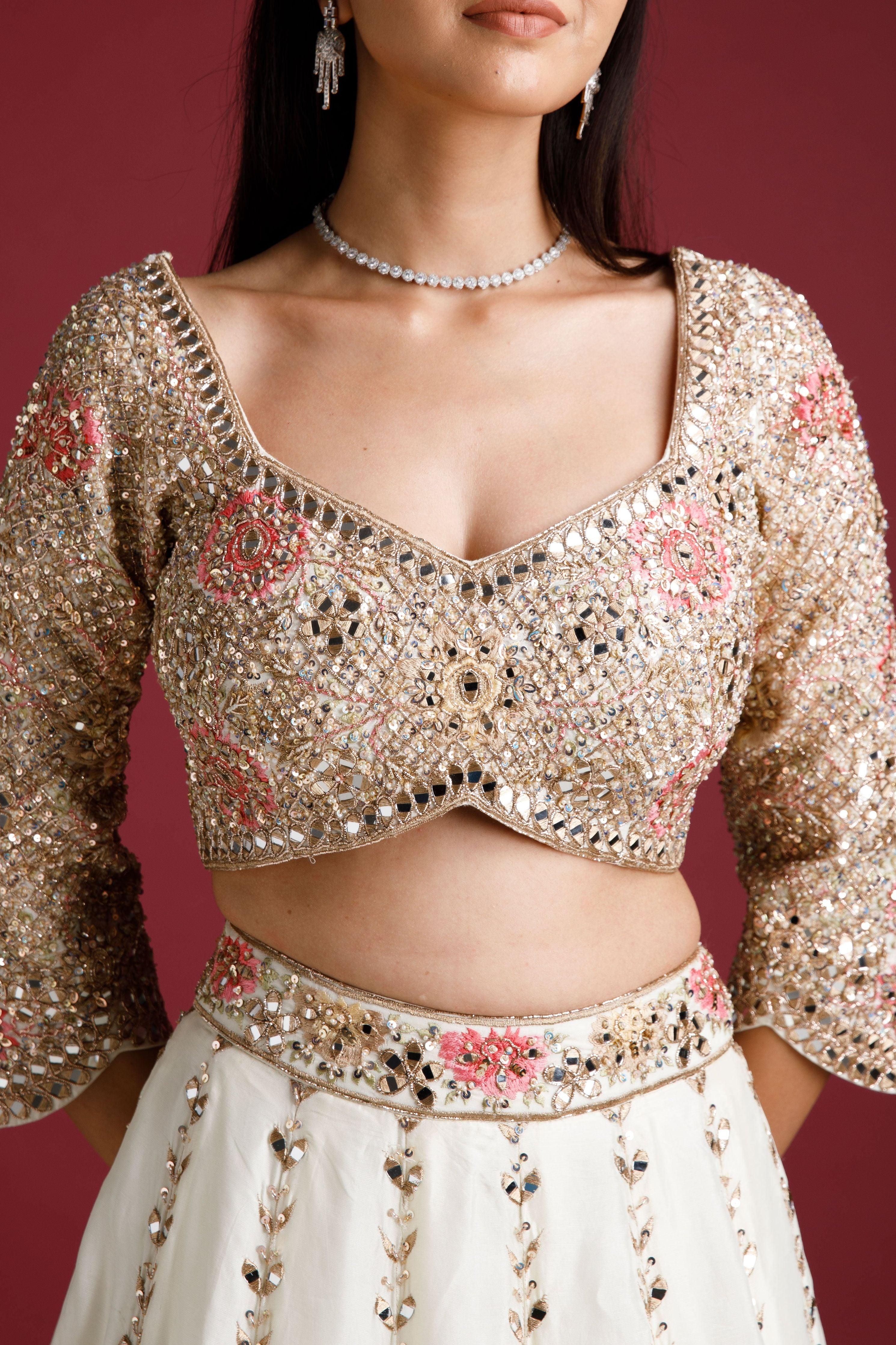 Ivory Embroidered Lehenga with Floral Motifs - Mokshaa