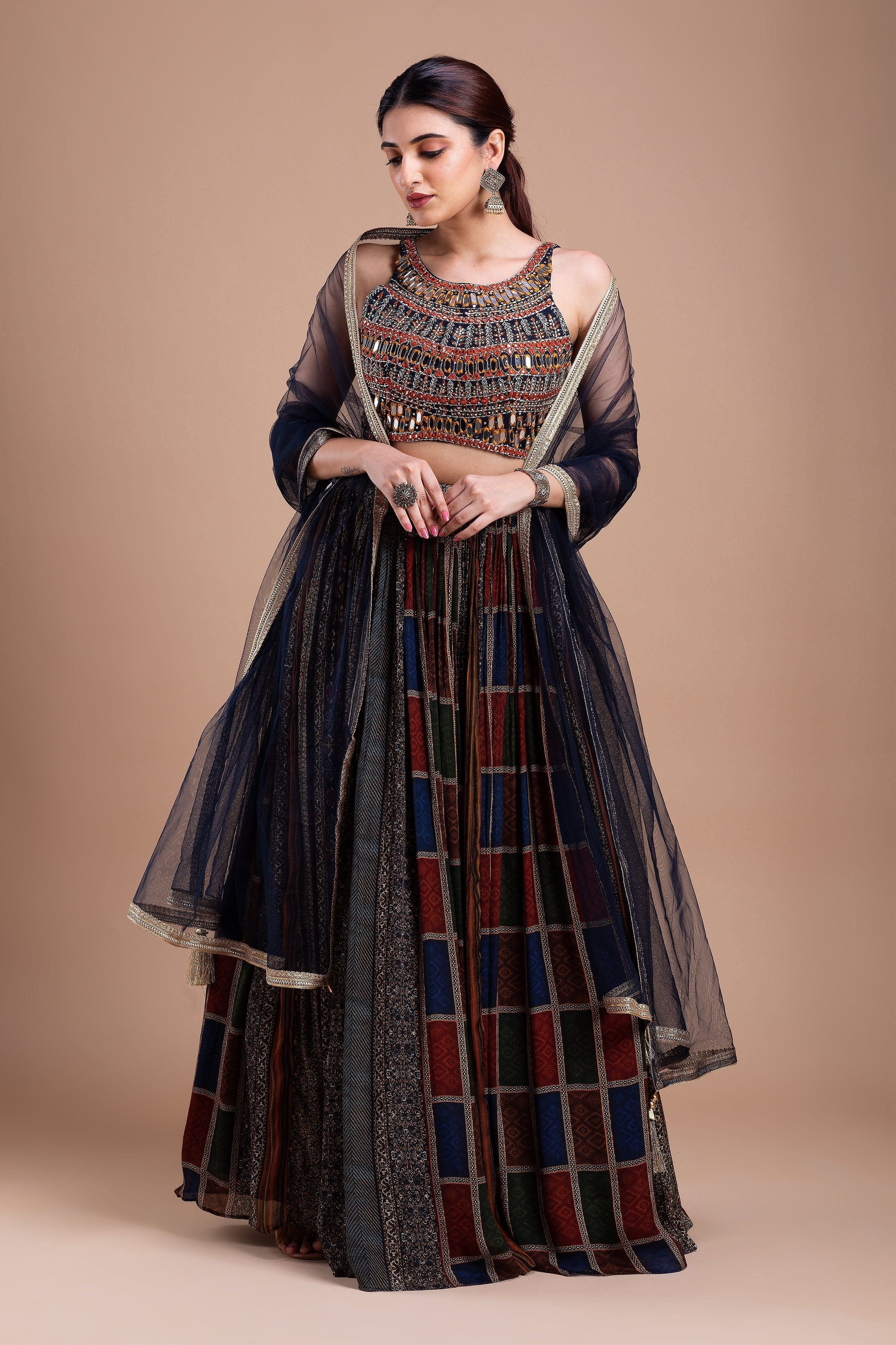 Multicolored Mirror-Embellished Lehenga Set Mokshaa