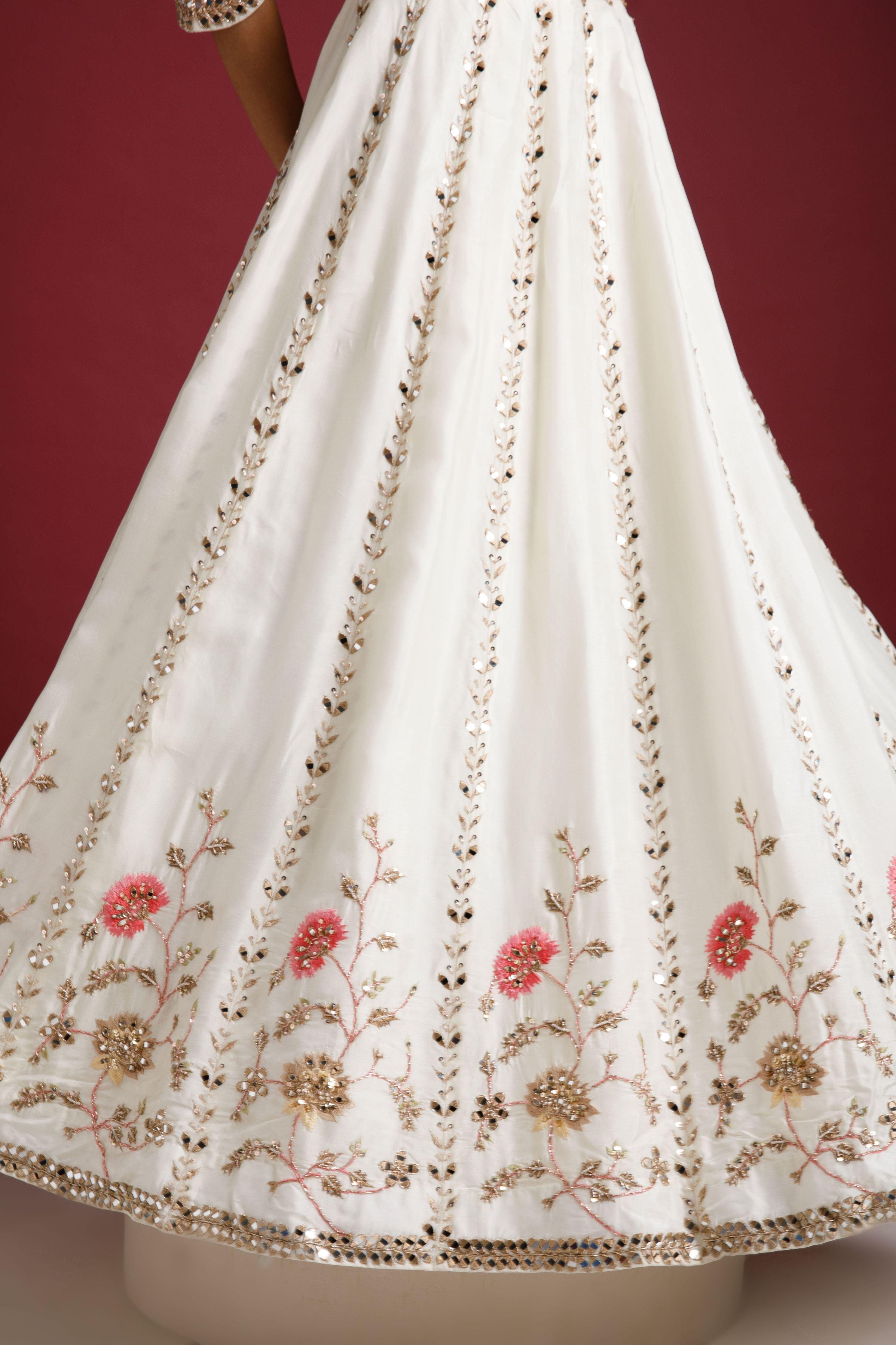Ivory Embroidered Lehenga with Floral Motifs - Mokshaa