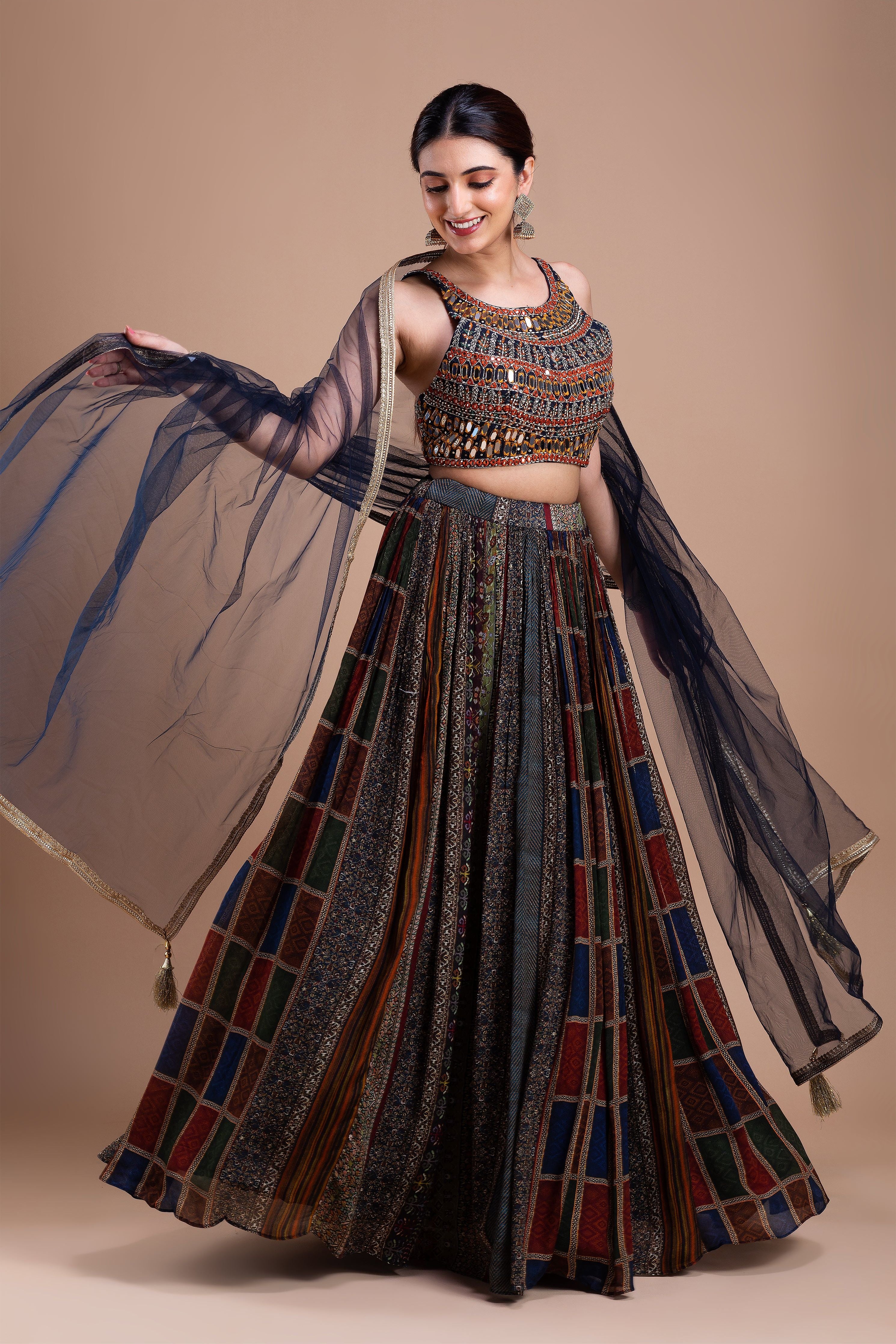 Multicolored Mirror-Embellished Lehenga Set Mokshaa