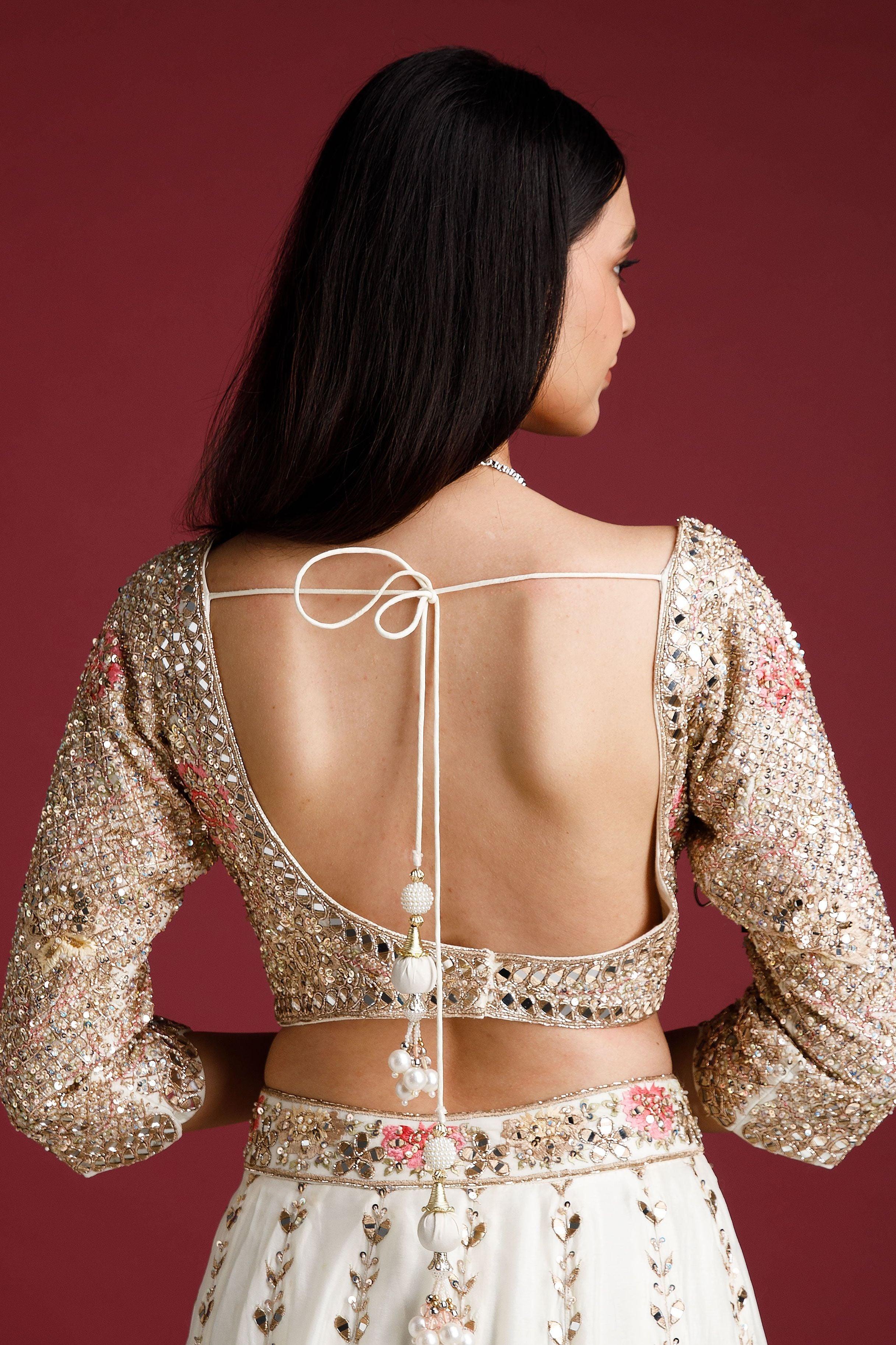Ivory Embroidered Lehenga with Floral Motifs - Mokshaa
