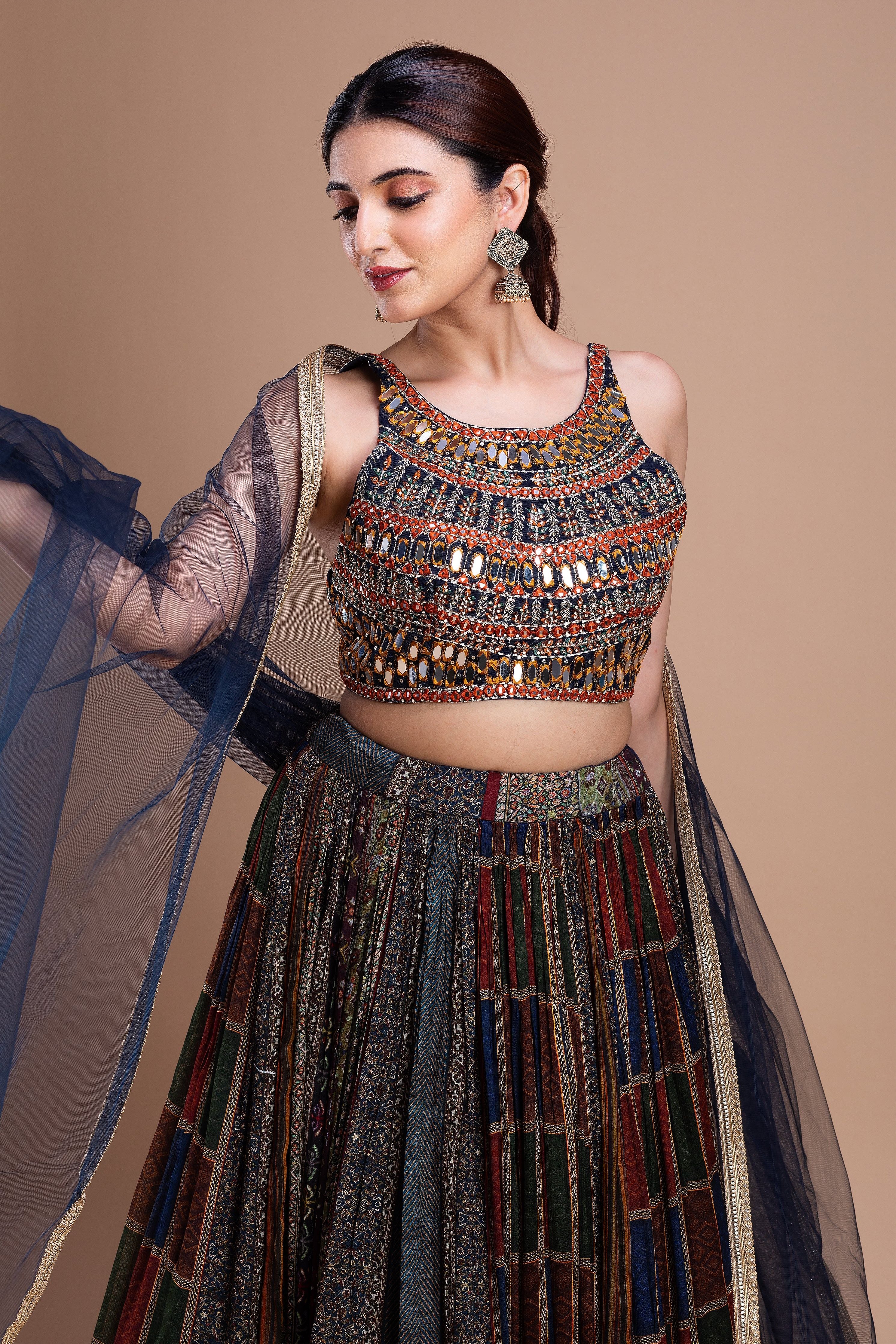 Multicolored Mirror-Embellished Lehenga Set Mokshaa