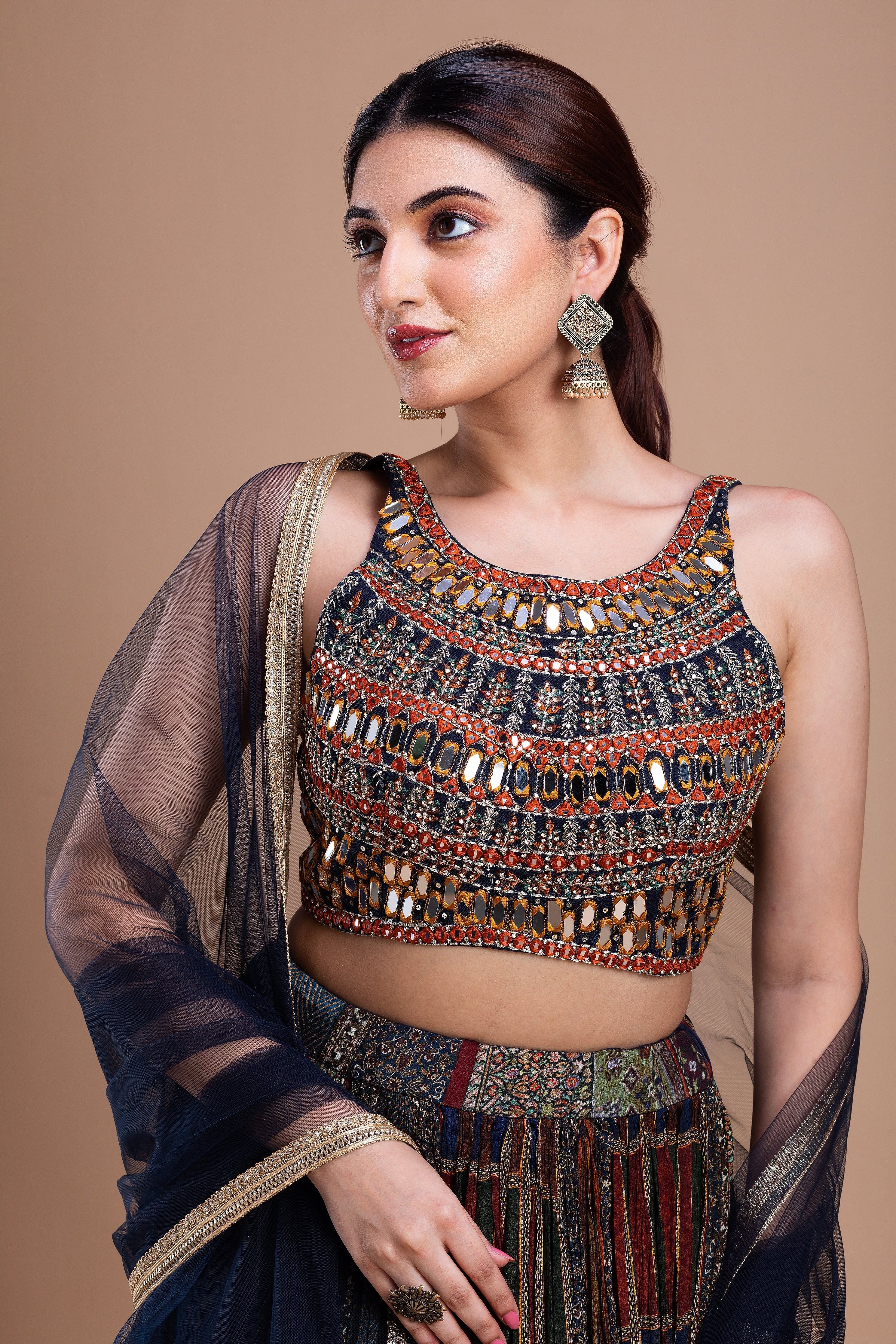 Multicolored Mirror-Embellished Lehenga Set Mokshaa