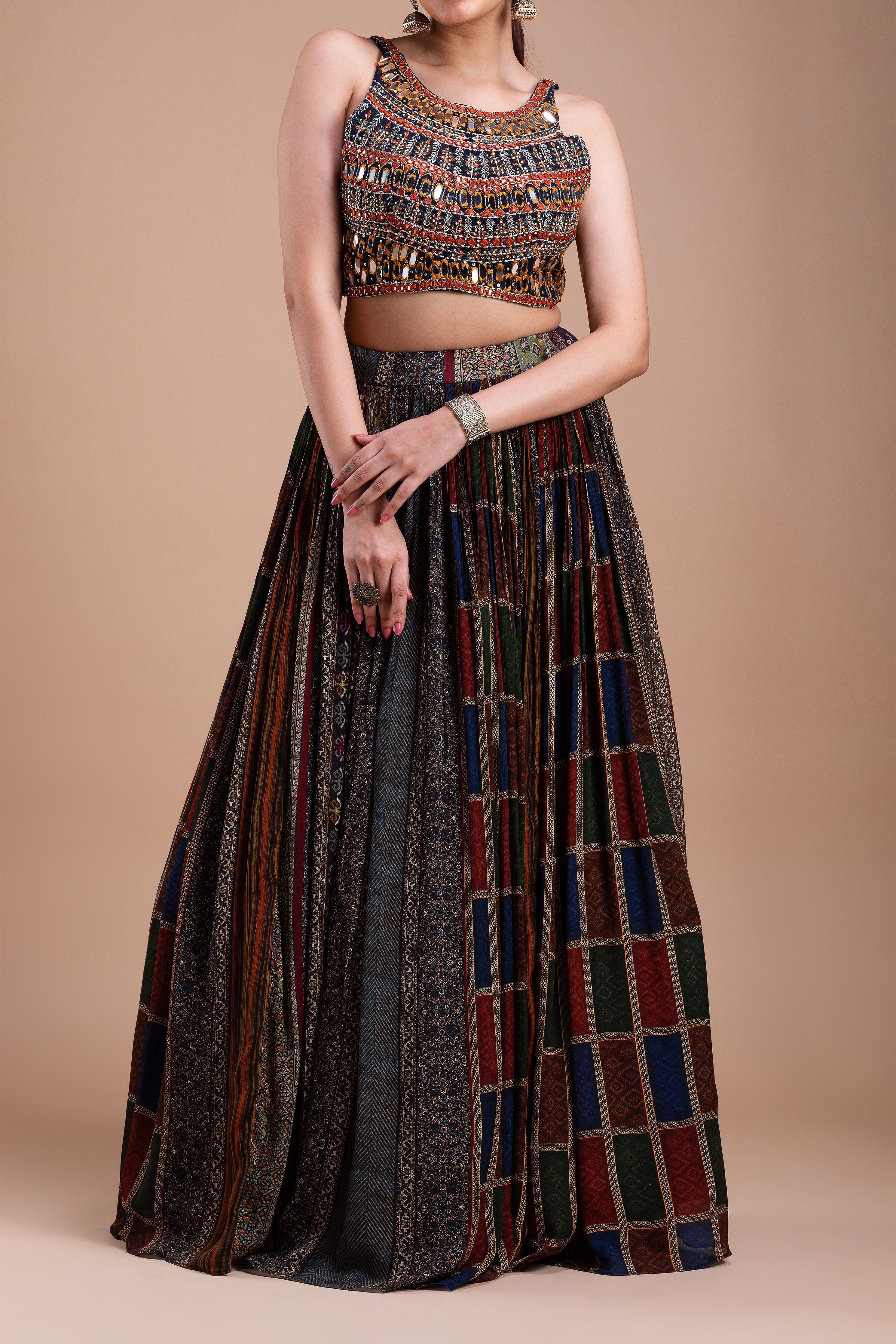 Multicolored Mirror-Embellished Lehenga Set Mokshaa