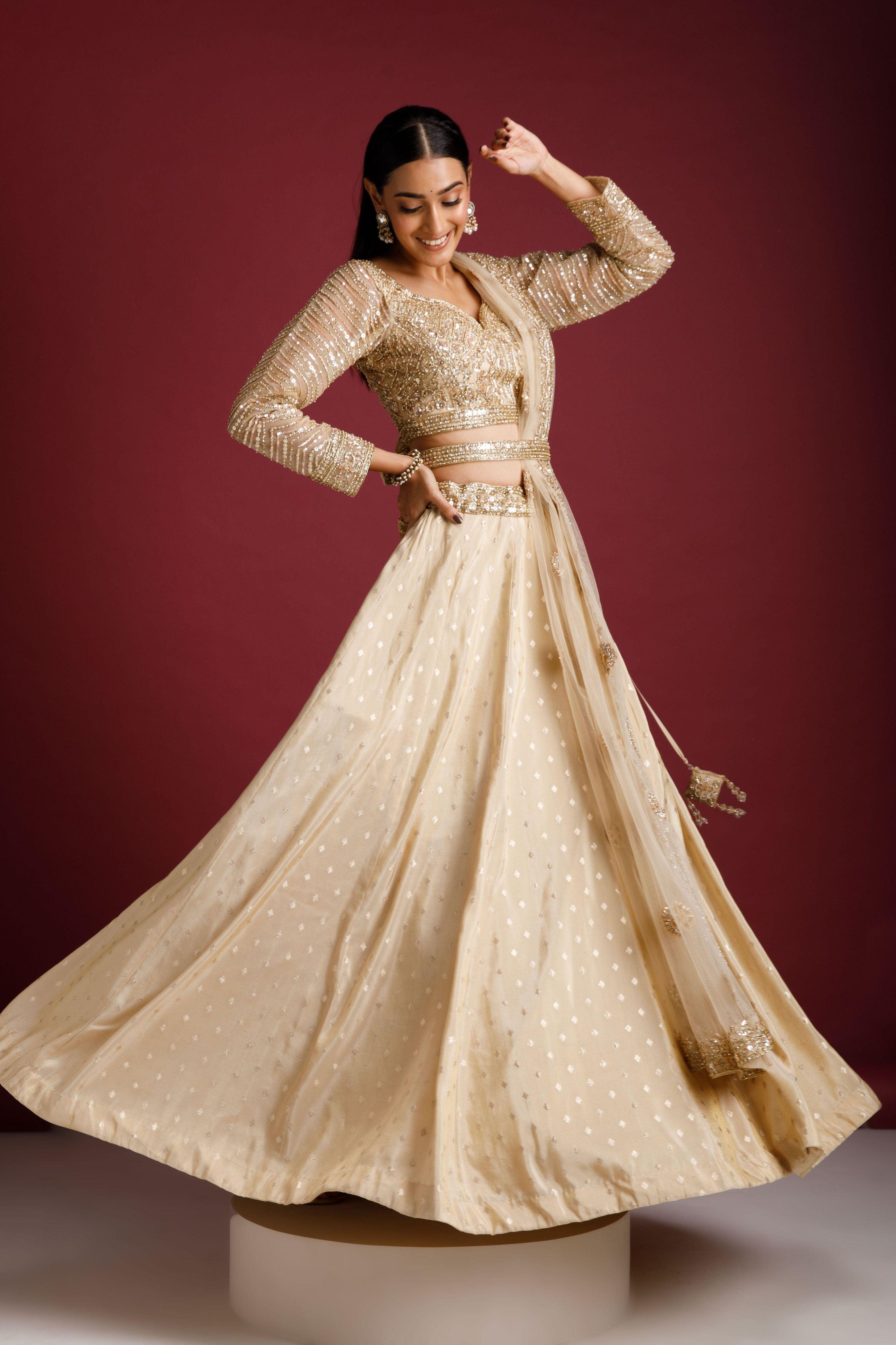 Beige Sequin Embriodred Lehenga Set - Mokshaa