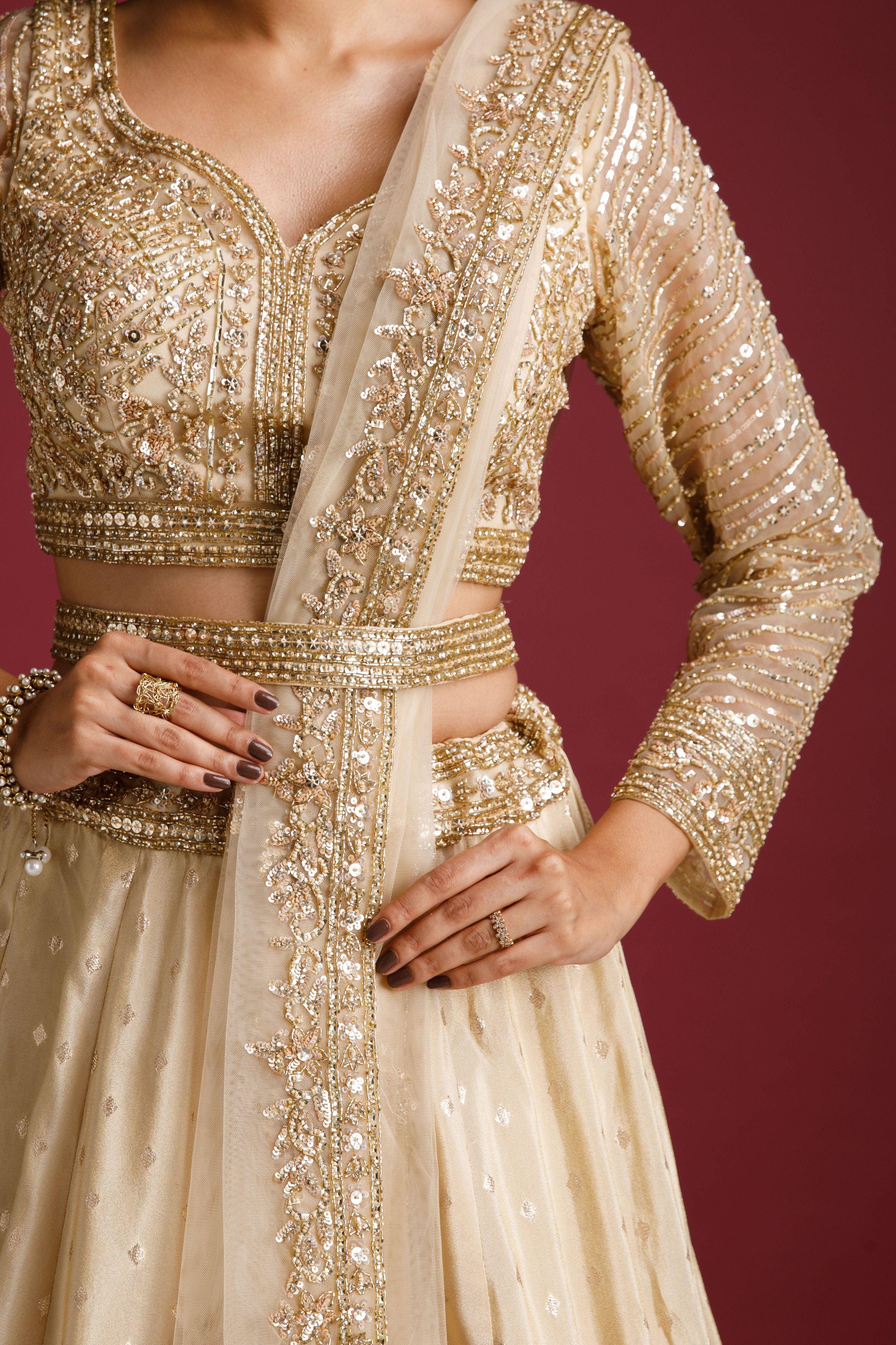 Beige Sequin Embriodred Lehenga Set - Mokshaa