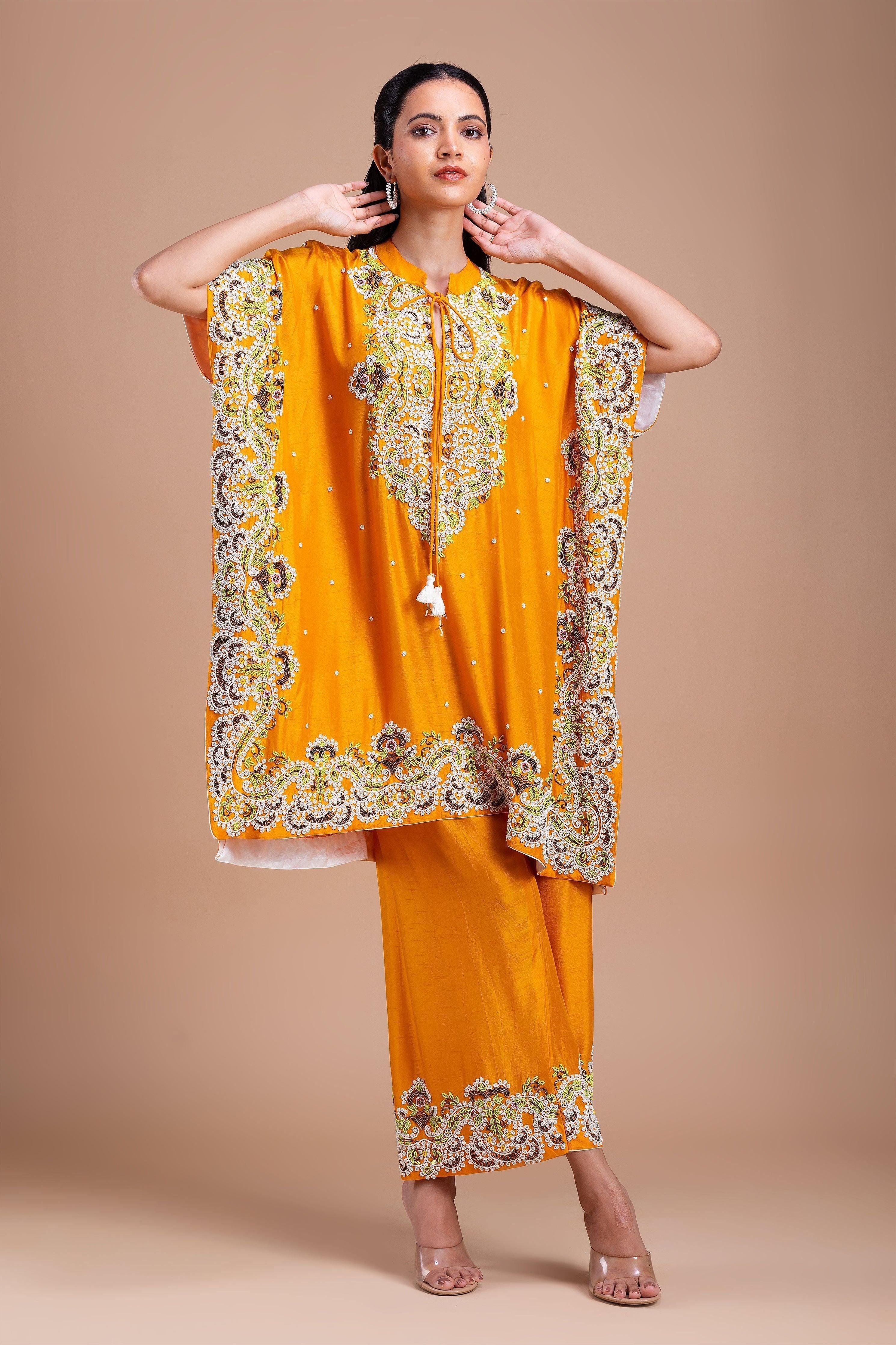 Mustard Yellow Kaftan Style Indowestern Set Mokshaa