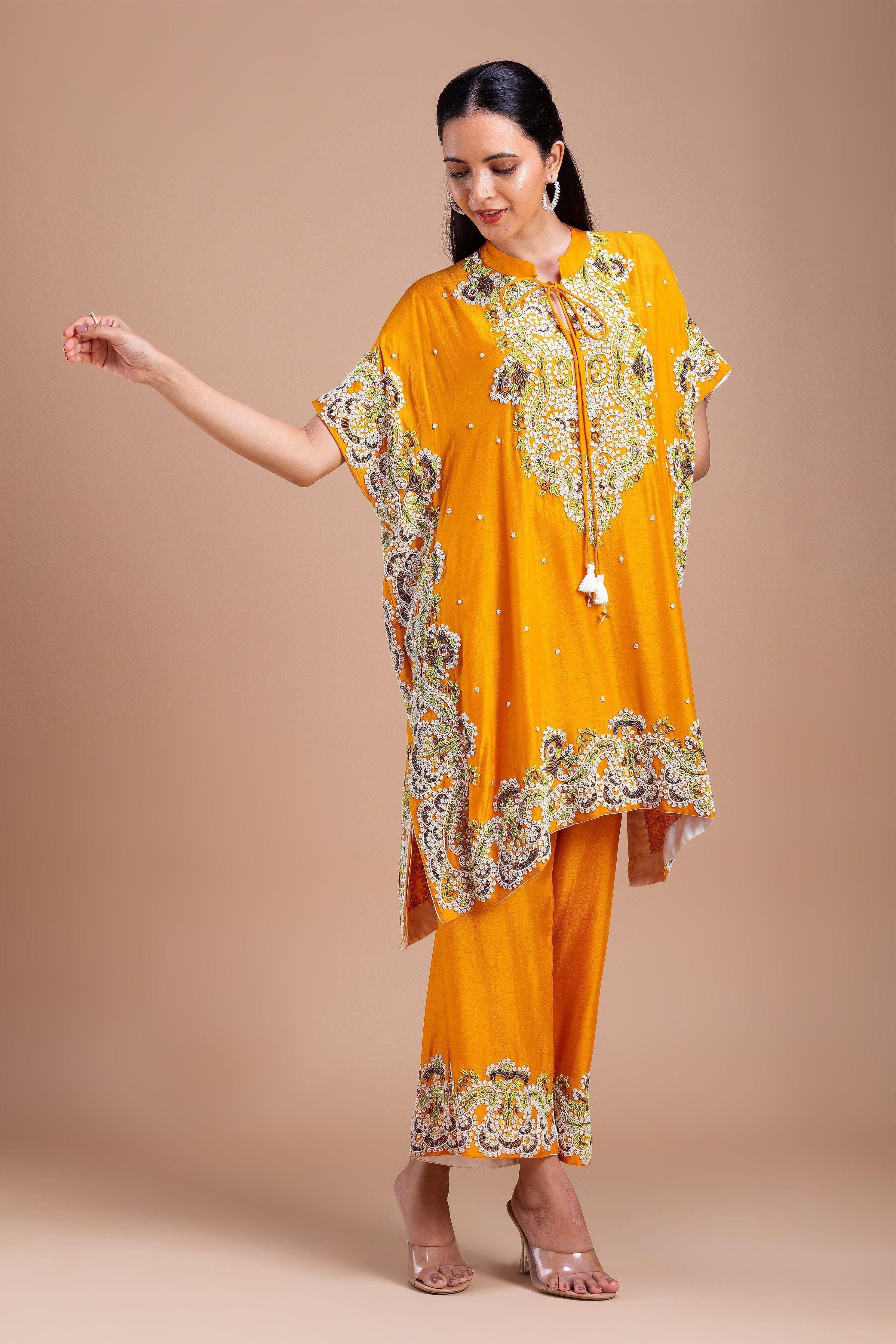 Mustard Yellow Kaftan Style Indowestern Set Mokshaa