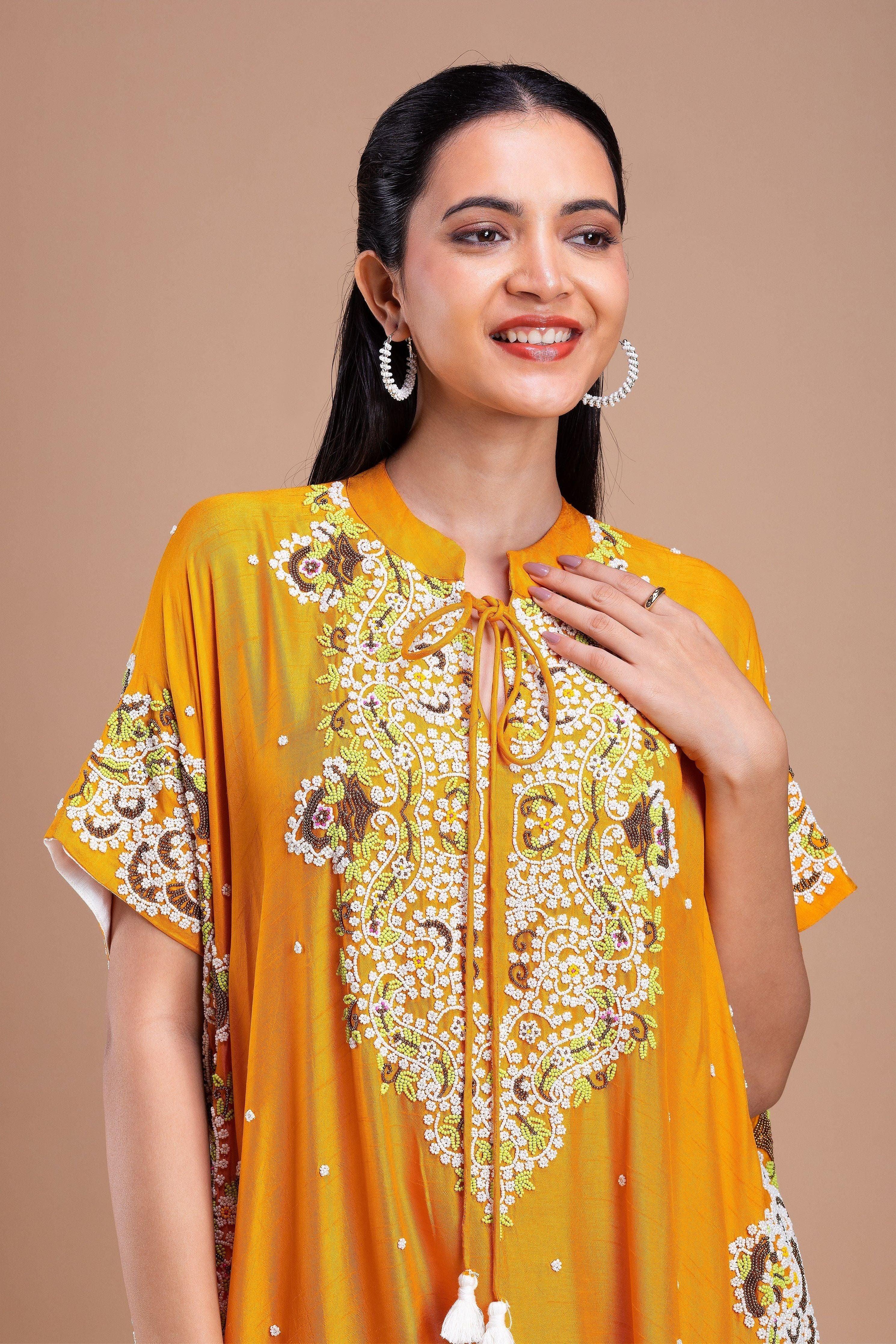 Mustard Yellow Kaftan Style Indowestern Set Mokshaa