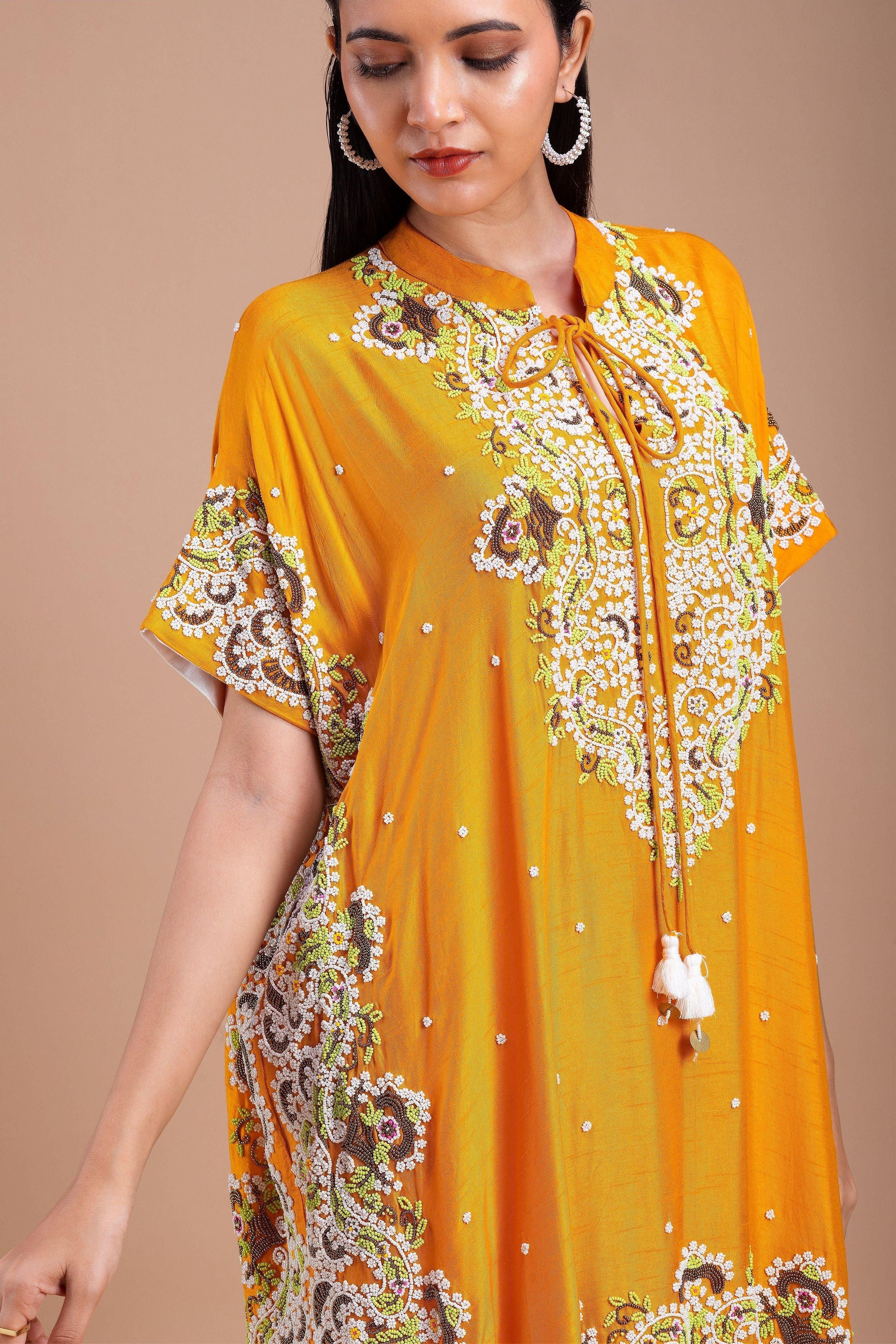 Mustard Yellow Kaftan Style Indowestern Set Mokshaa
