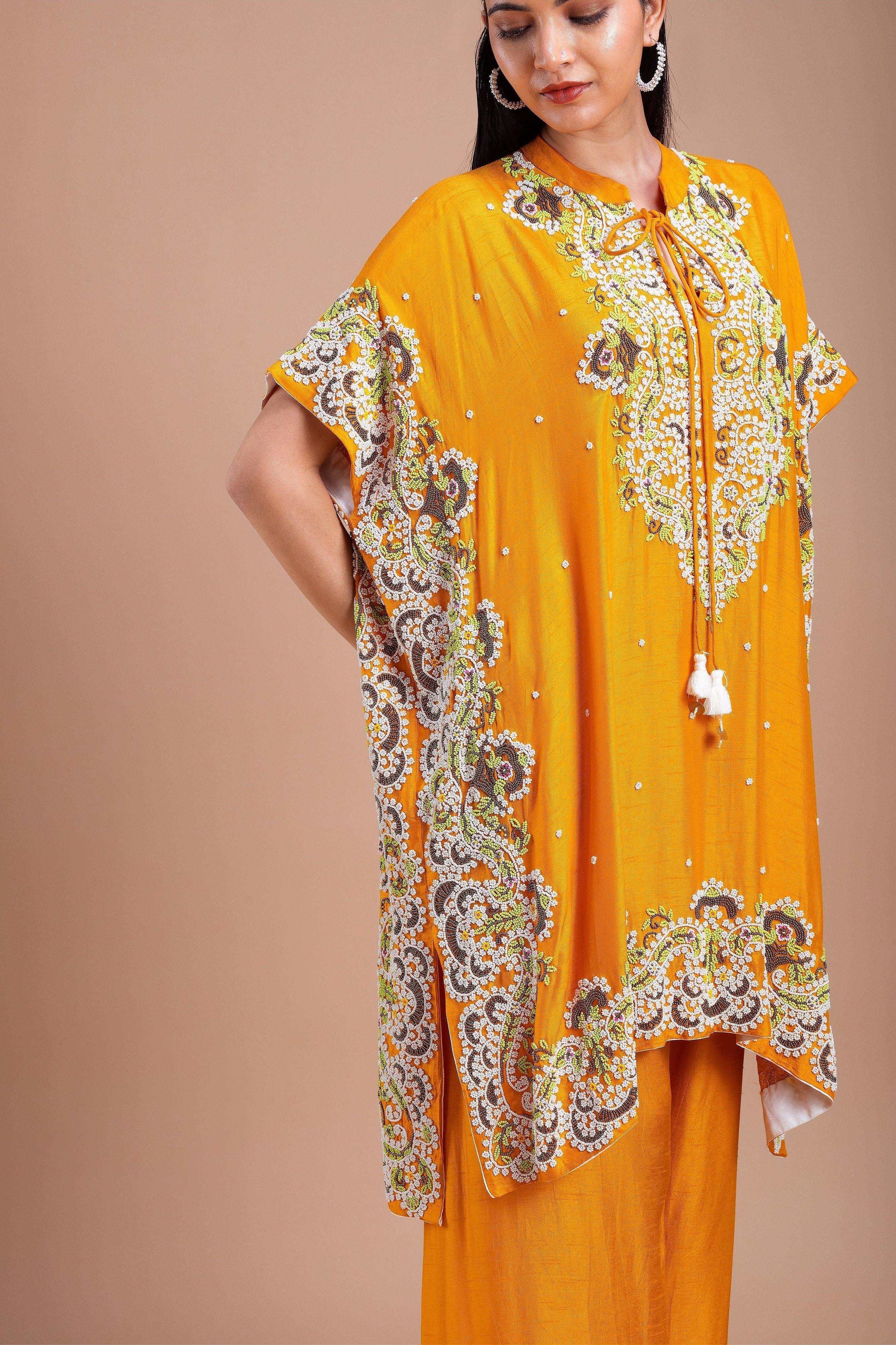 Mustard Yellow Kaftan Style Indowestern Set Mokshaa