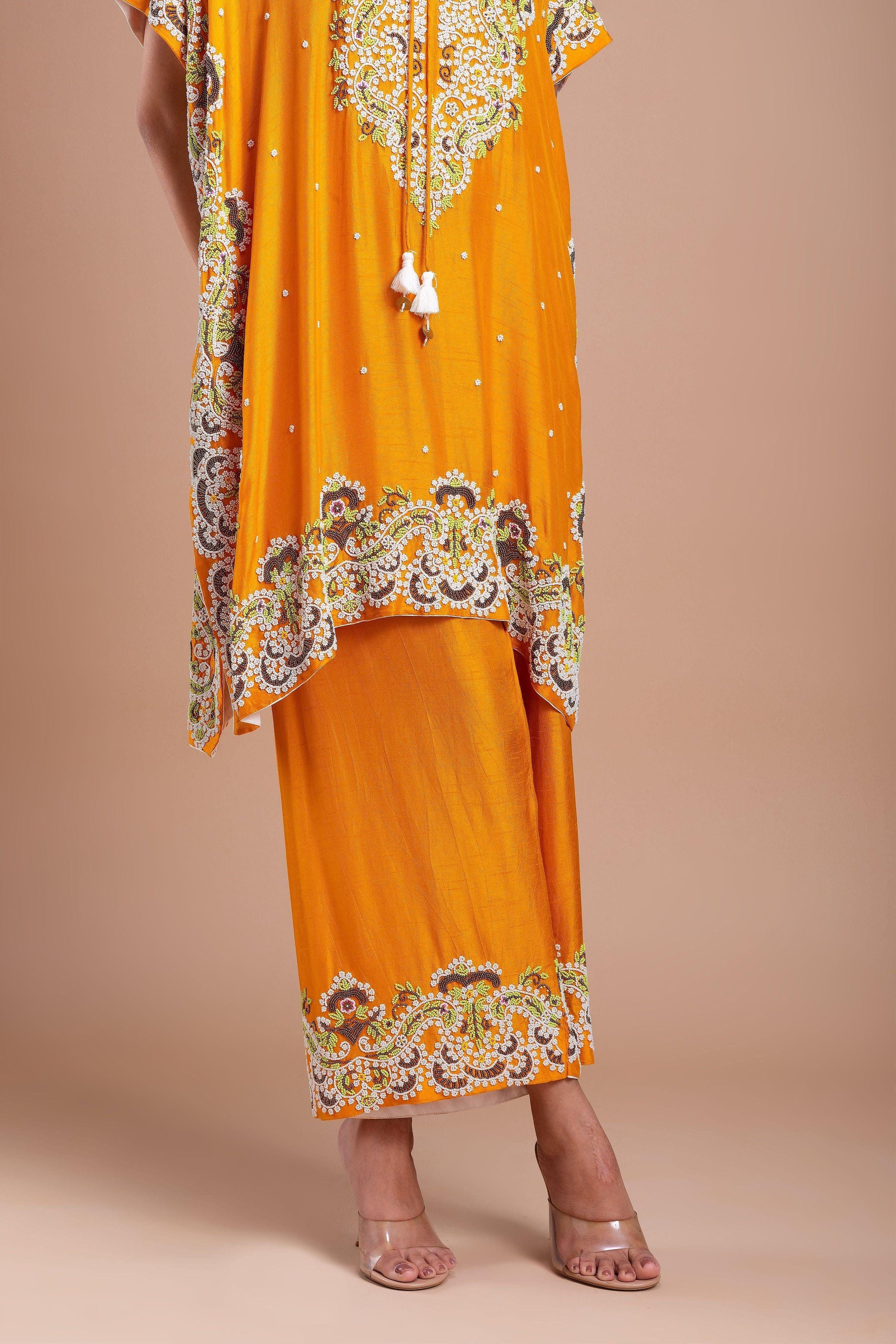 Mustard Yellow Kaftan Style Indowestern Set Mokshaa