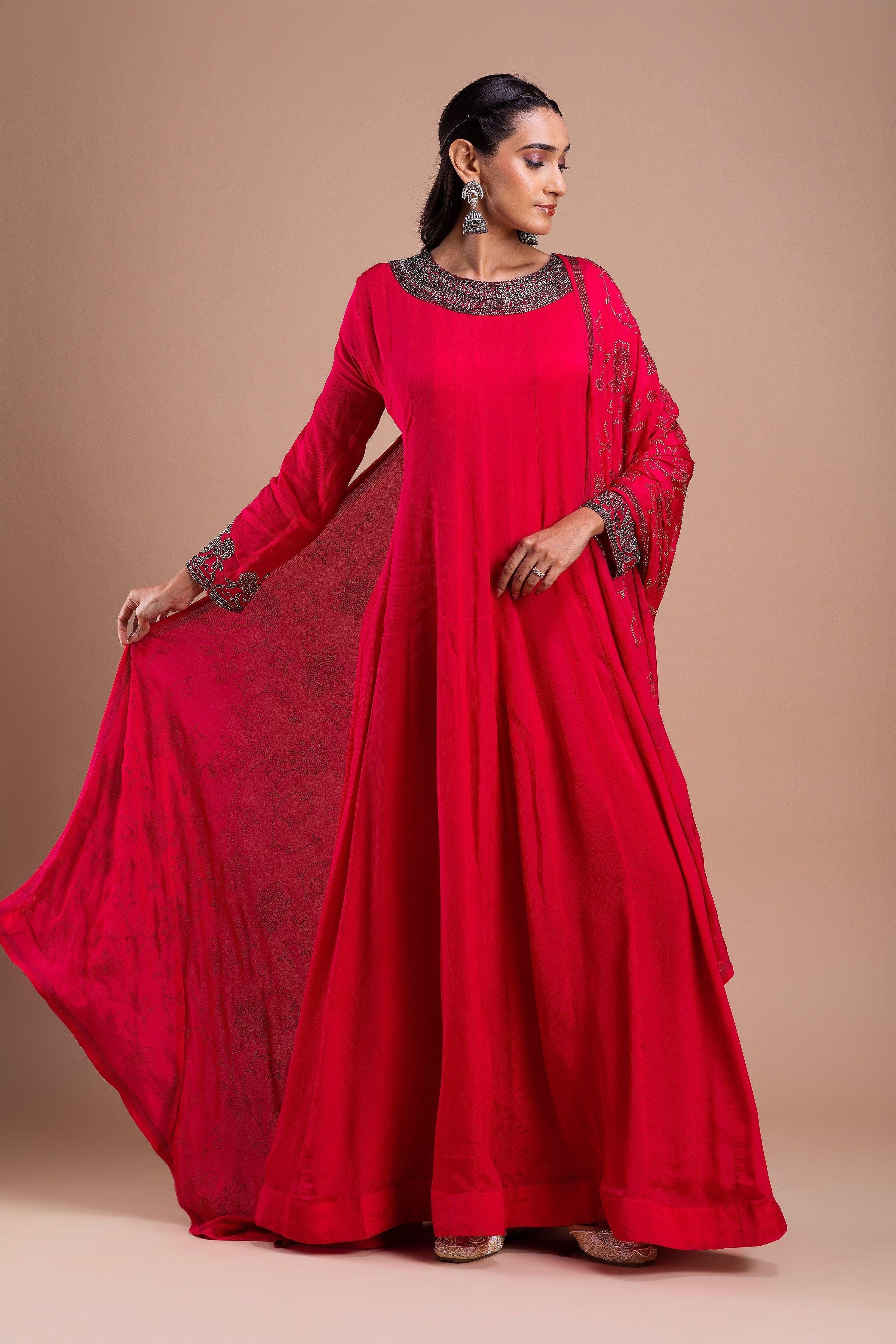 Crimson Red Embroidered Anarkali Set Mokshaa