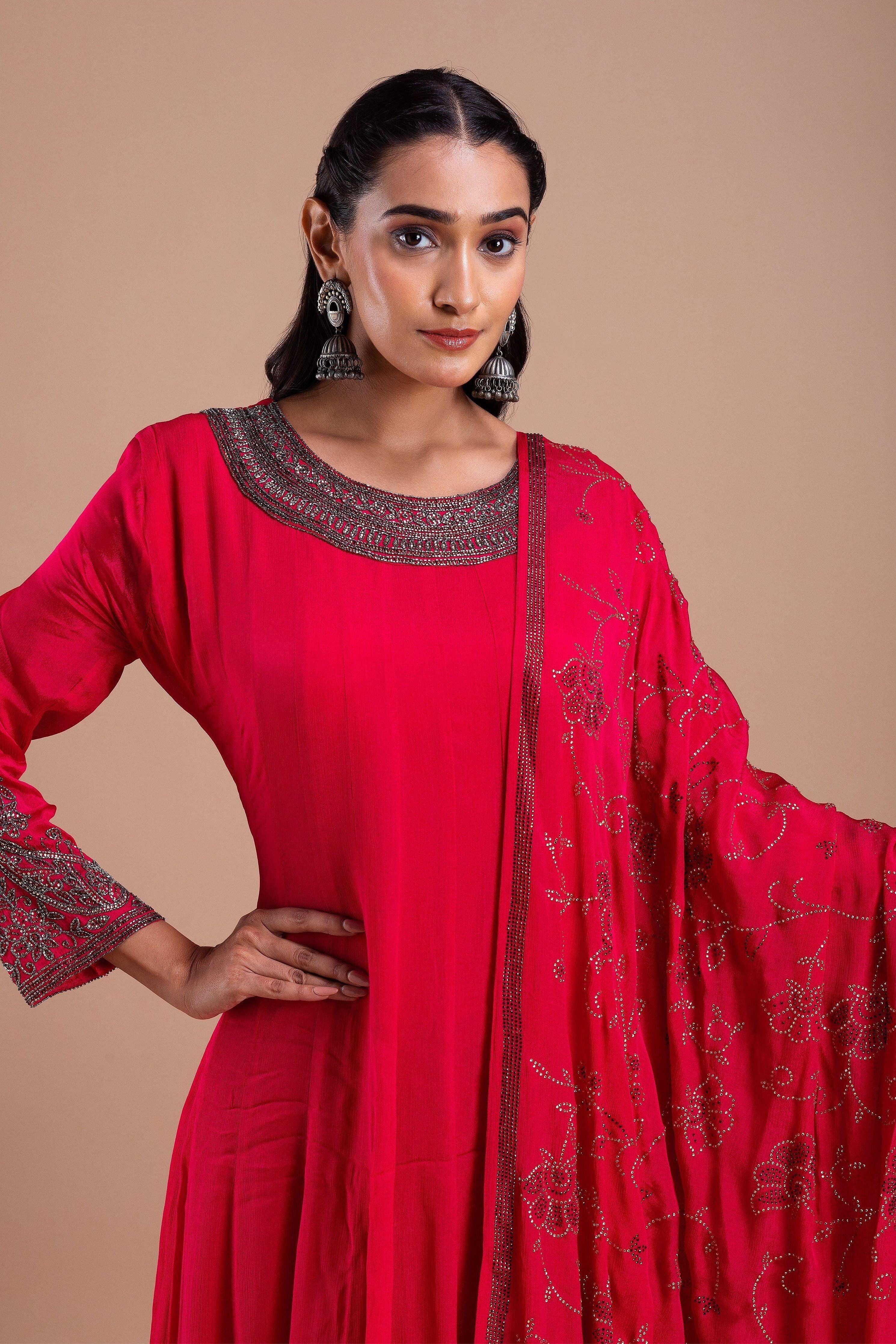 Crimson Red Embroidered Anarkali Set Mokshaa
