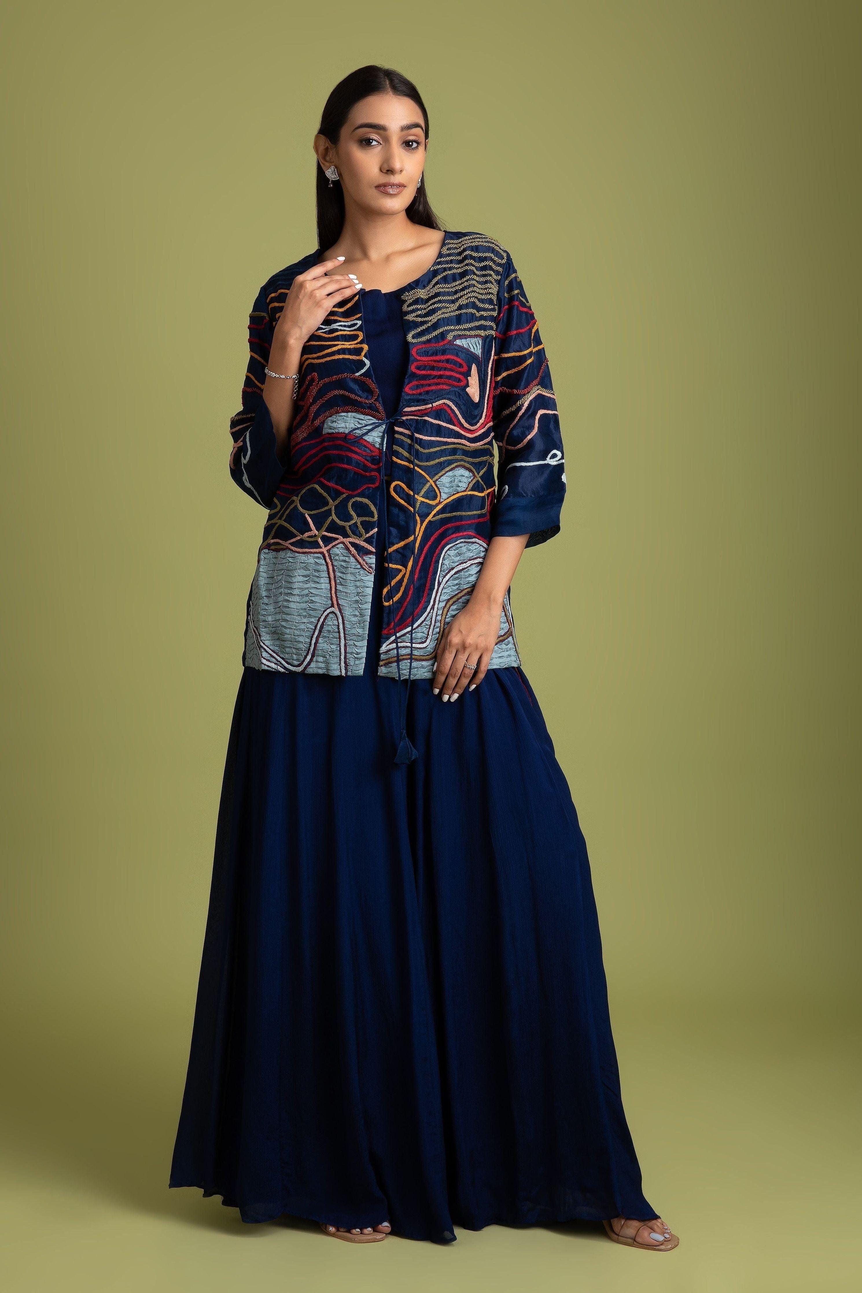 Navy Blue Organza Indo-Western - Mokshaa