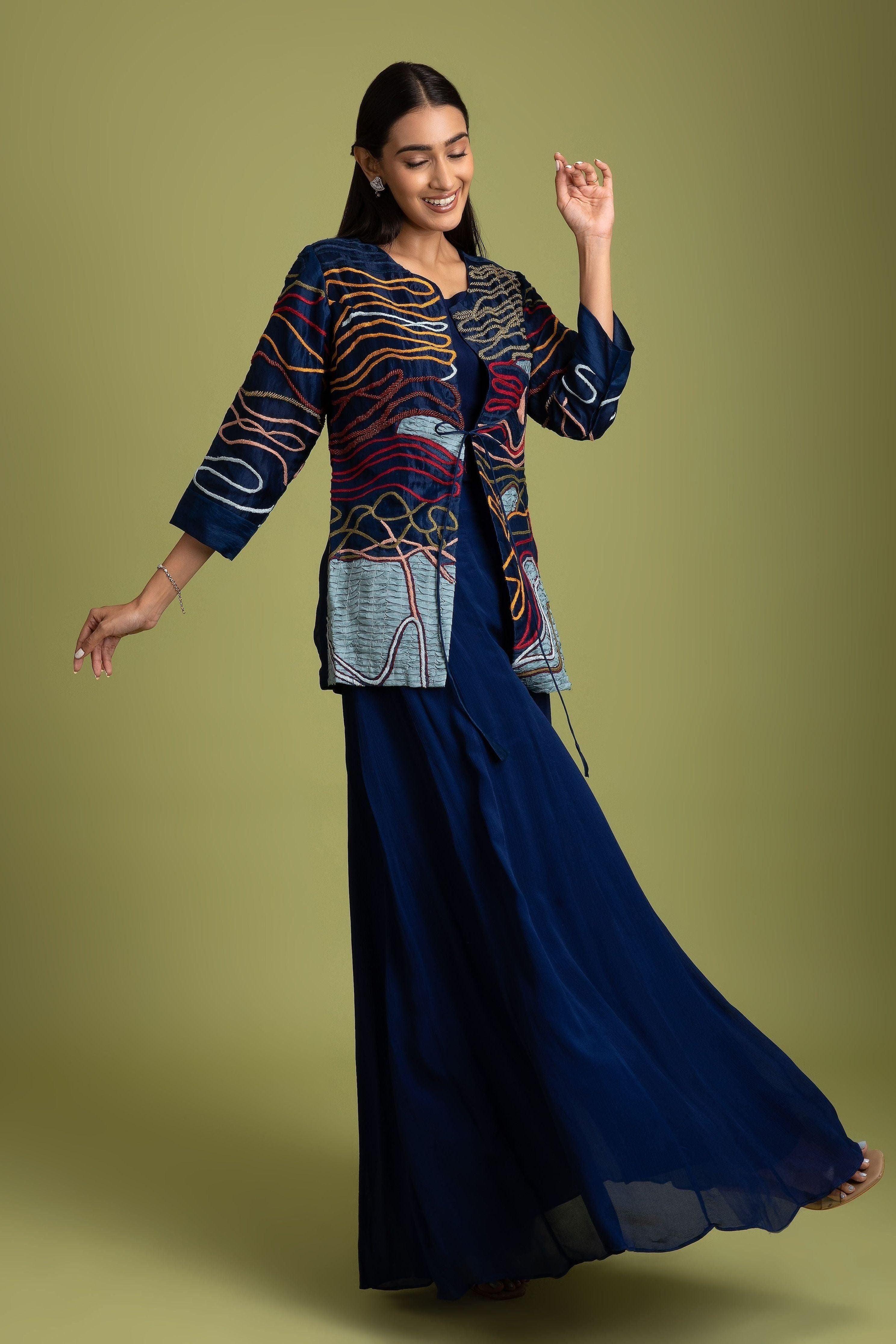 Navy Blue Organza Indo-Western - Mokshaa