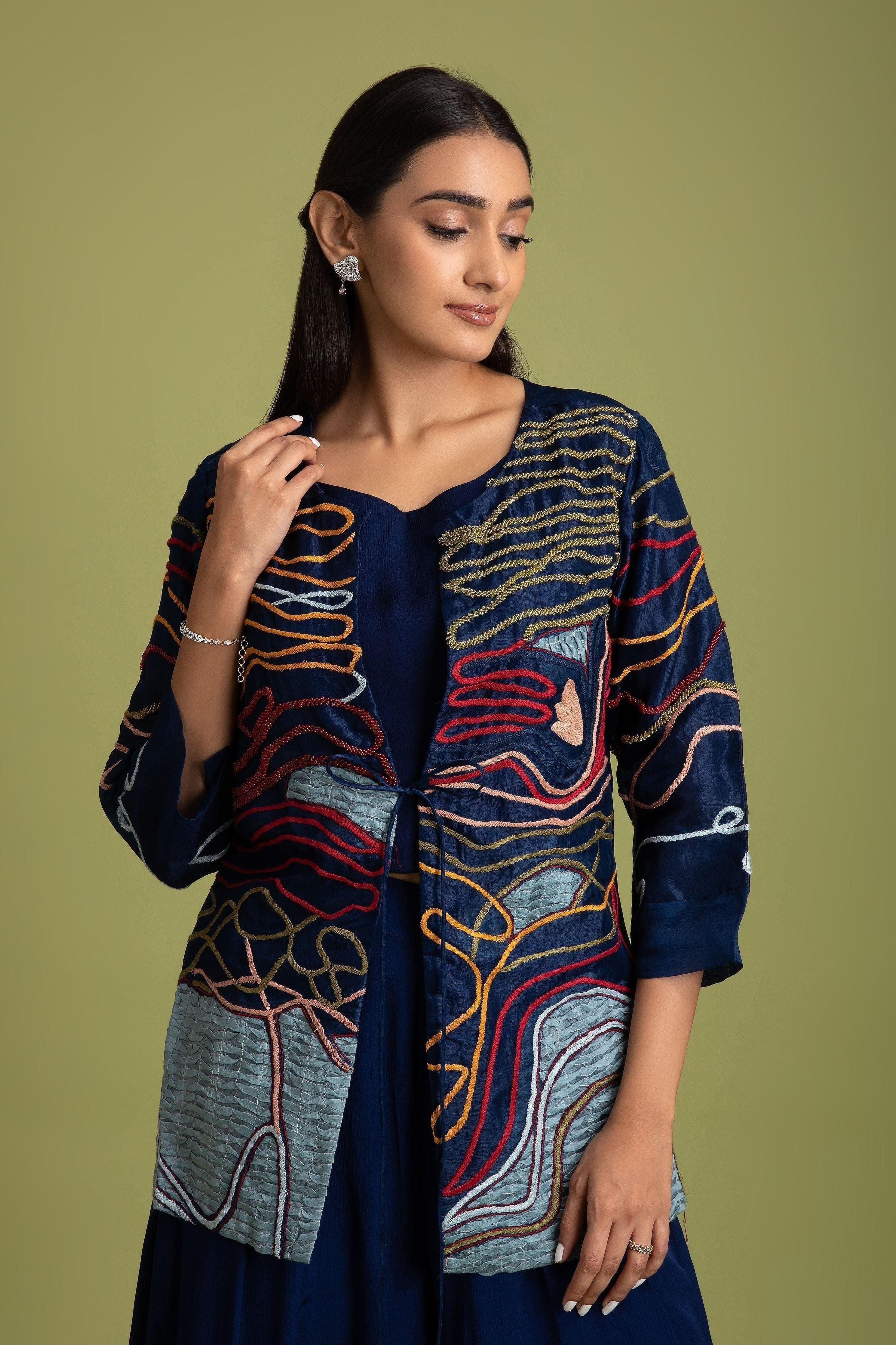 Navy Blue Organza Indo-Western - Mokshaa