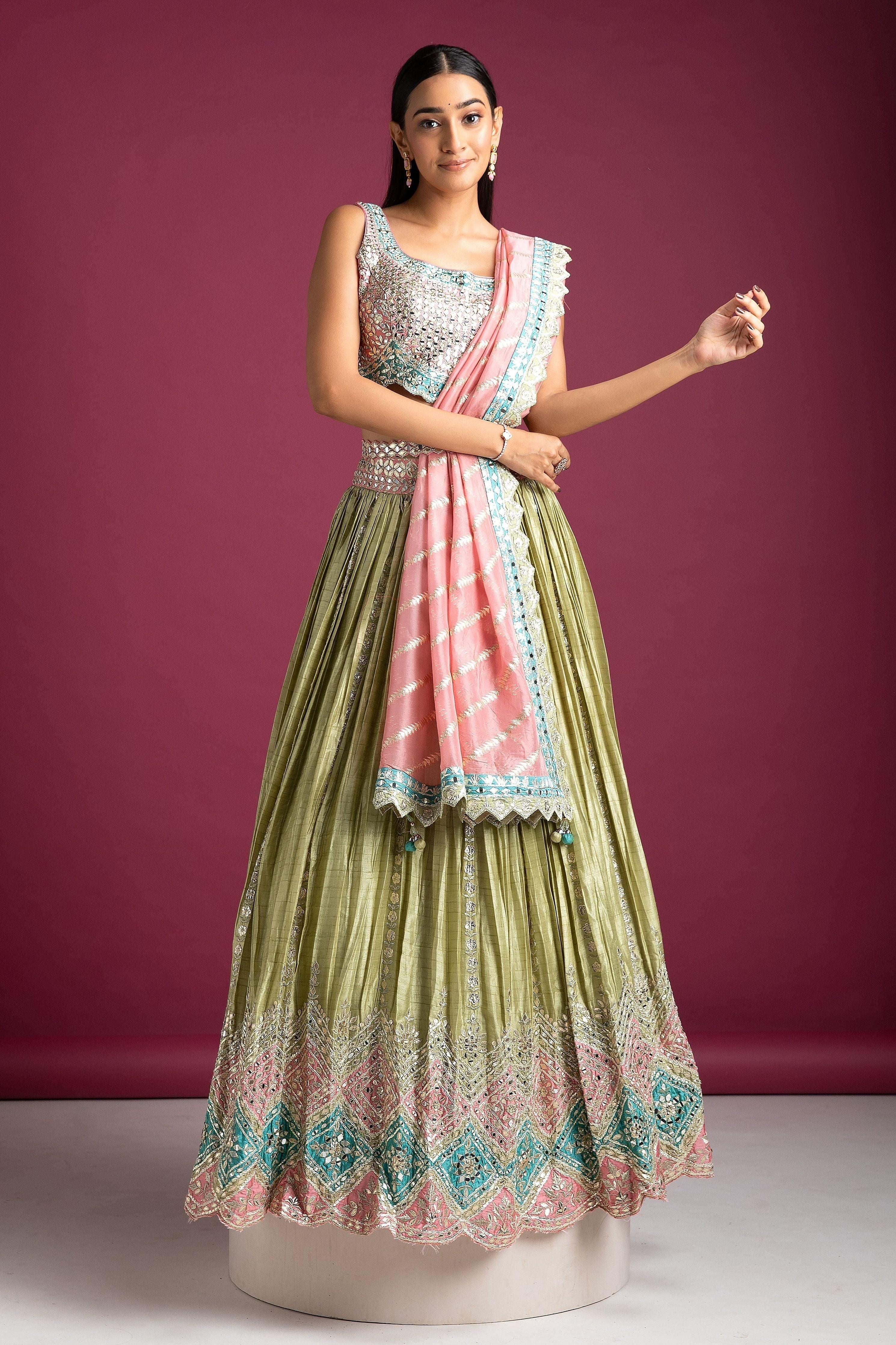 Pastel Green And Pink Embroidered Lehenga | Premium Lehenga | Mokshaa XL Pastel Green And Pink Embroidered Lehenga | Premium Lehenga | Mokshaa XL
