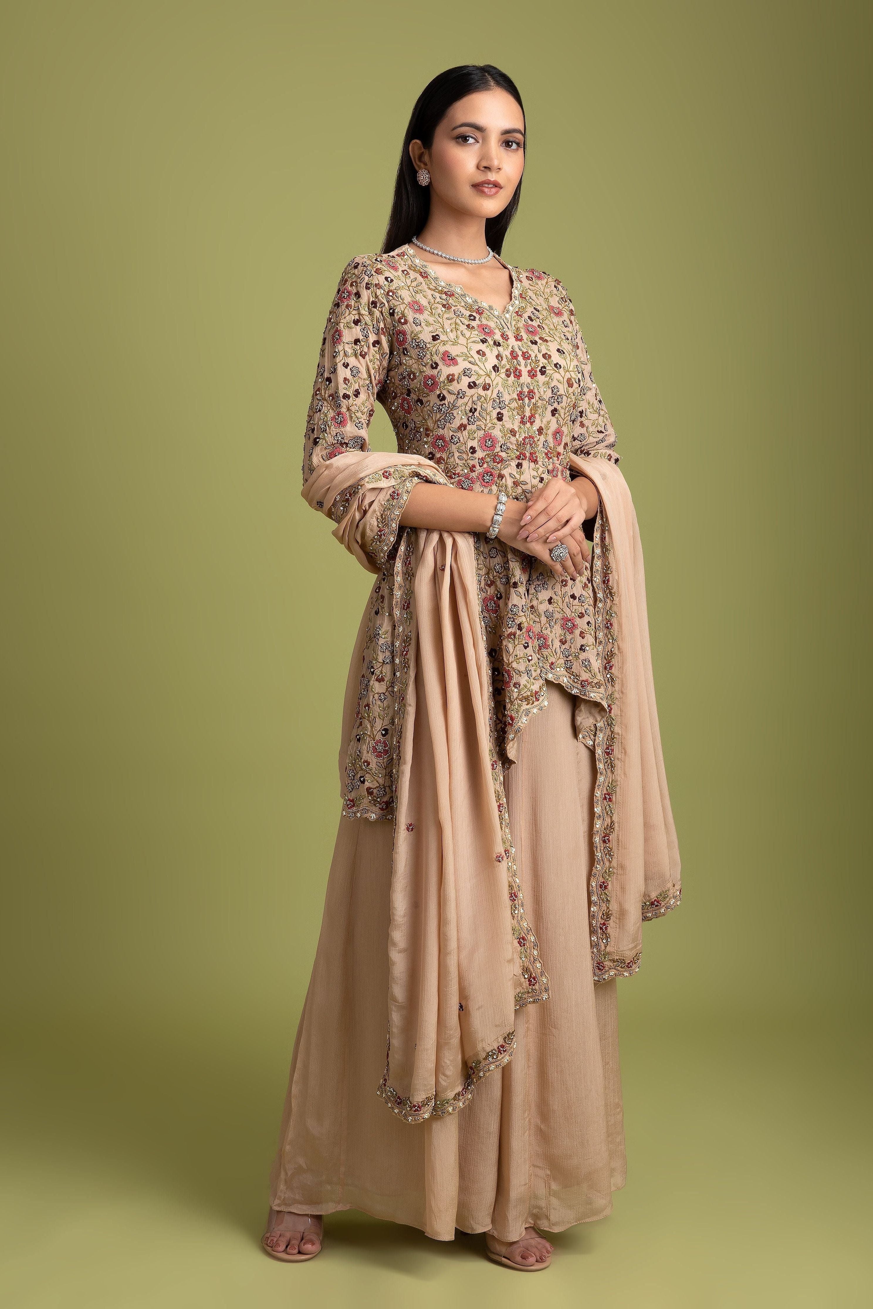 Beige silk Embroidered Top with palazzo pants - Mokshaa