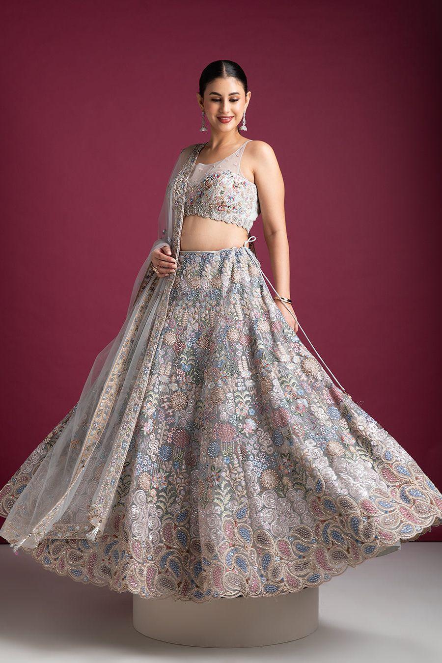 Silver Grey Embroidered Lehenga with Floral Detailing - Mokshaa