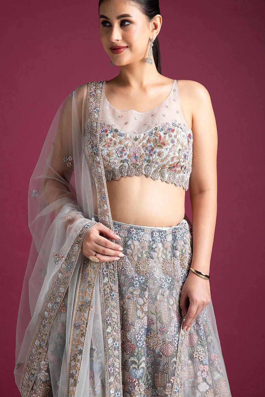 Silver Grey Embroidered Lehenga with Floral Detailing - Mokshaa