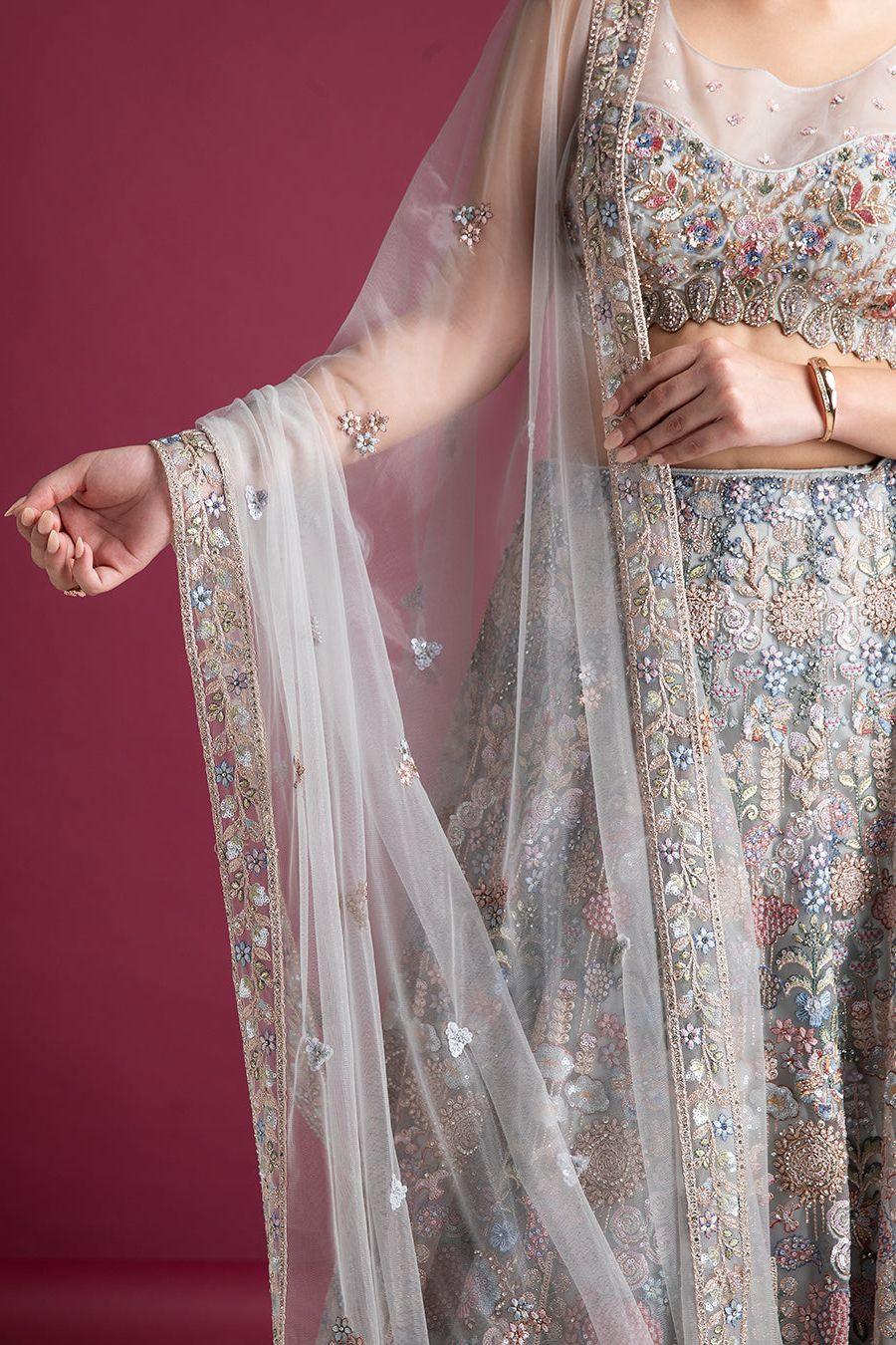 Silver Grey Embroidered Lehenga with Floral Detailing - Mokshaa