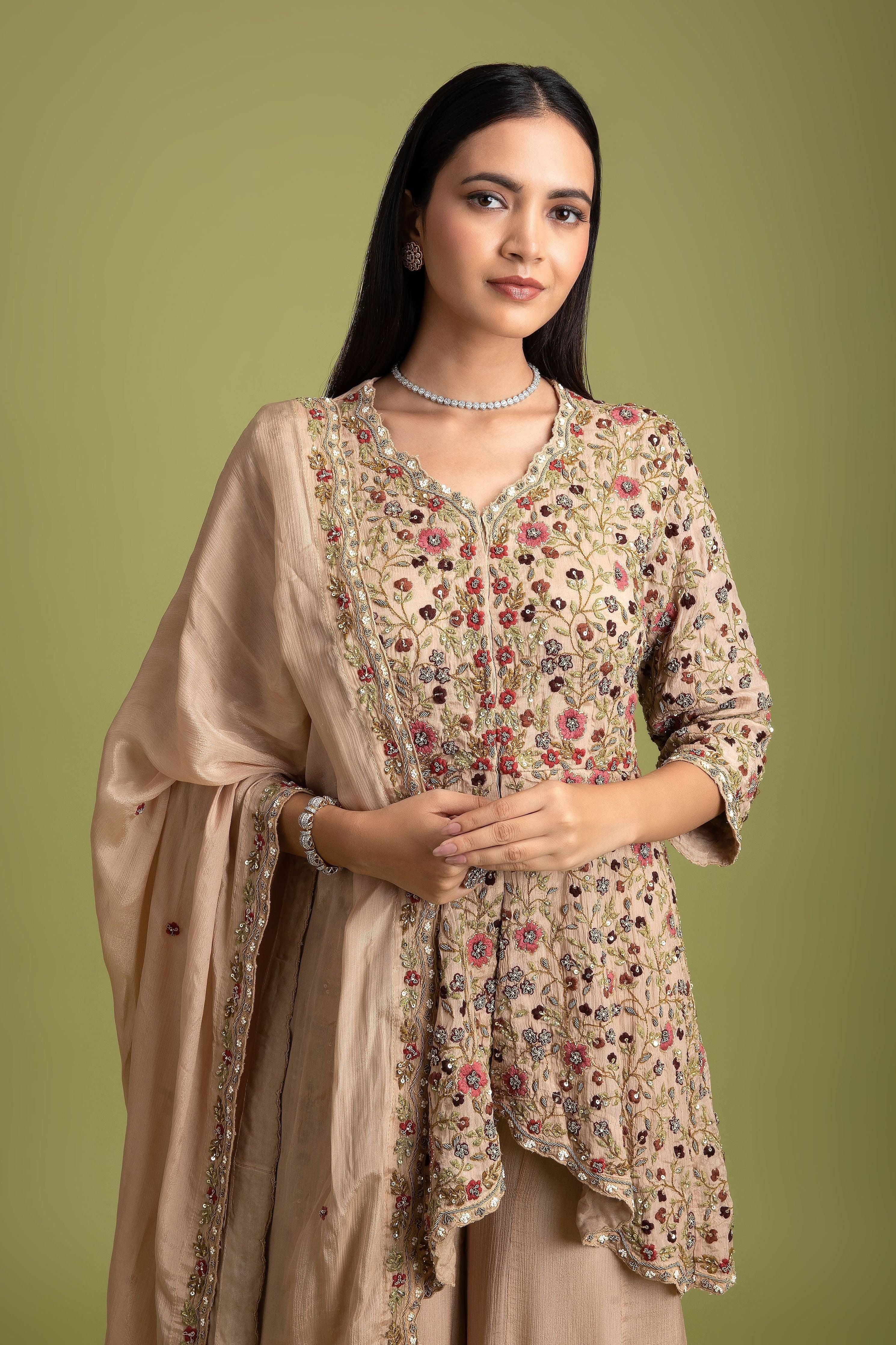 Beige silk Embroidered Top with palazzo pants - Mokshaa