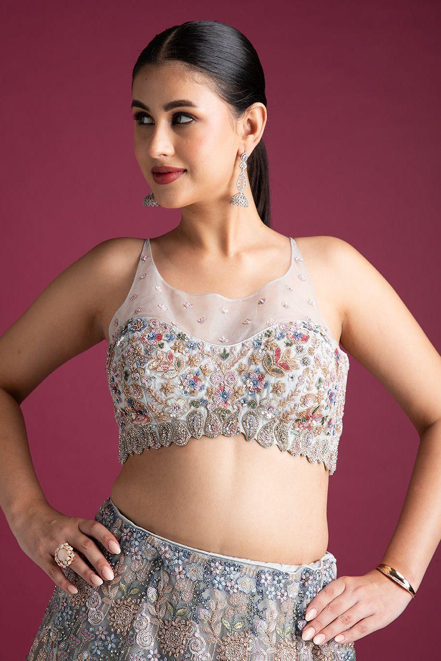 Silver Grey Embroidered Lehenga with Floral Detailing - Mokshaa