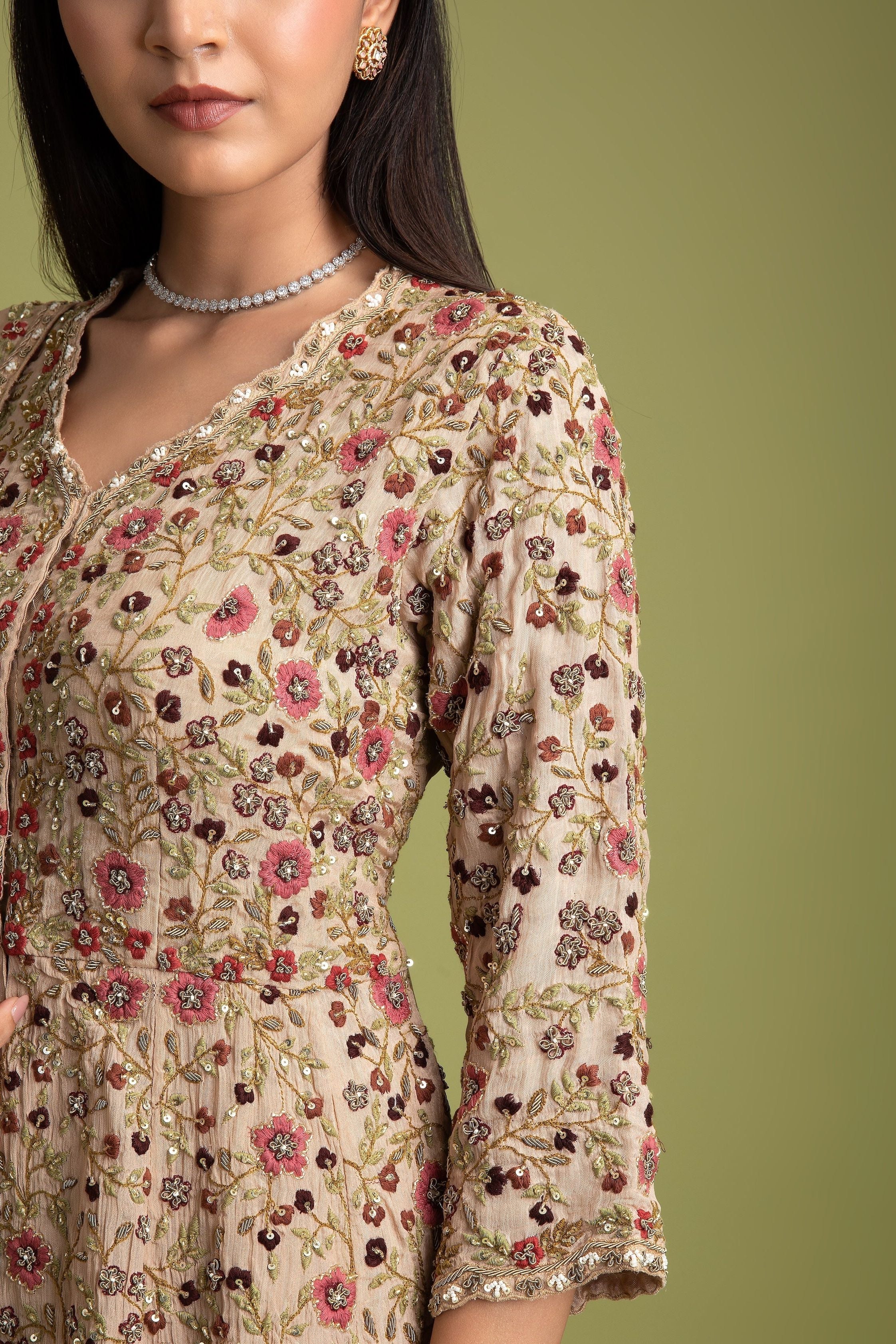 Beige silk Embroidered Top with palazzo pants - Mokshaa