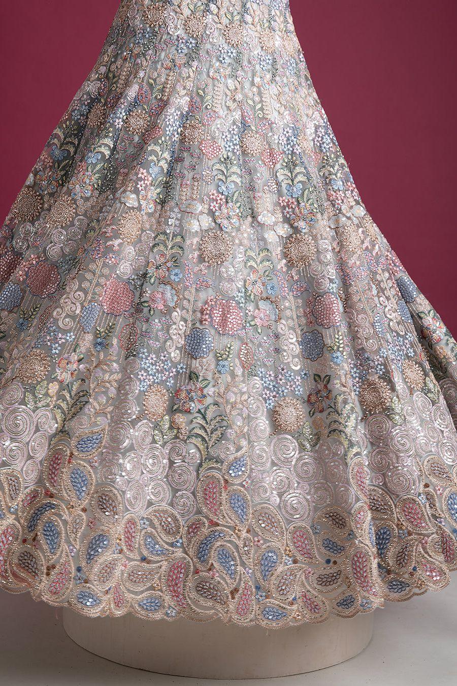 Silver Grey Embroidered Lehenga with Floral Detailing - Mokshaa