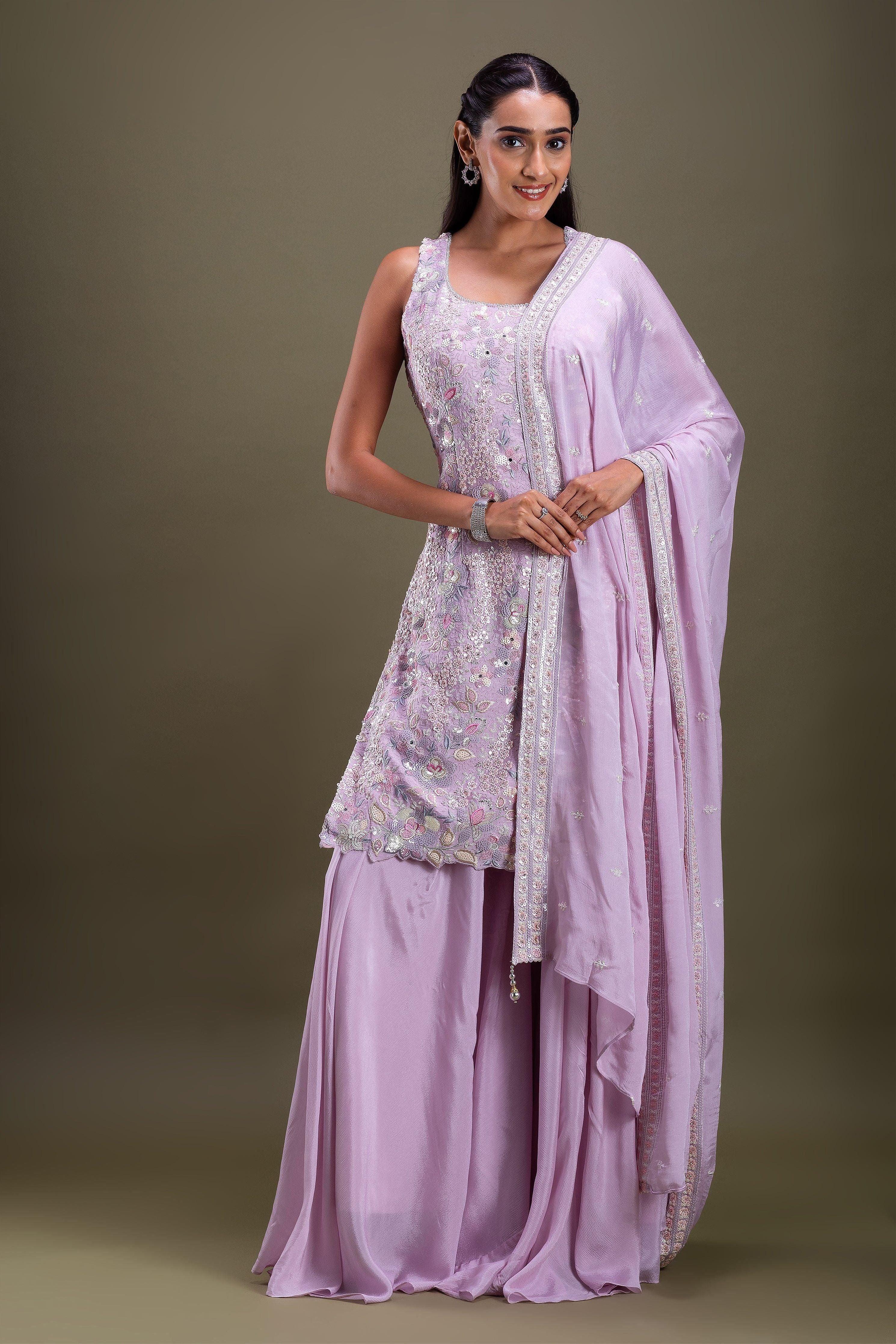 Lavender Embroidered Sharara Set Mokshaa