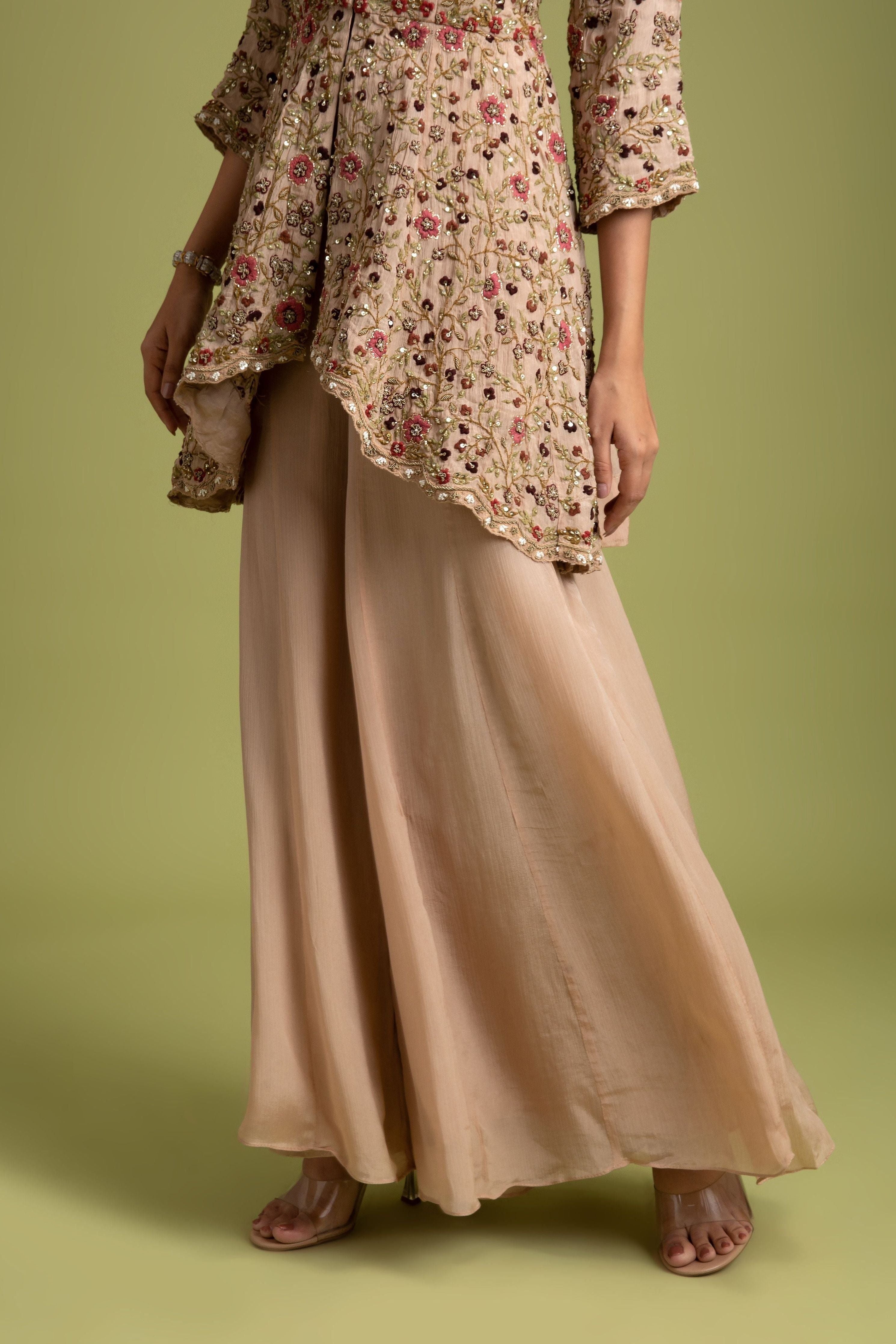 Beige silk Embroidered Top with palazzo pants - Mokshaa