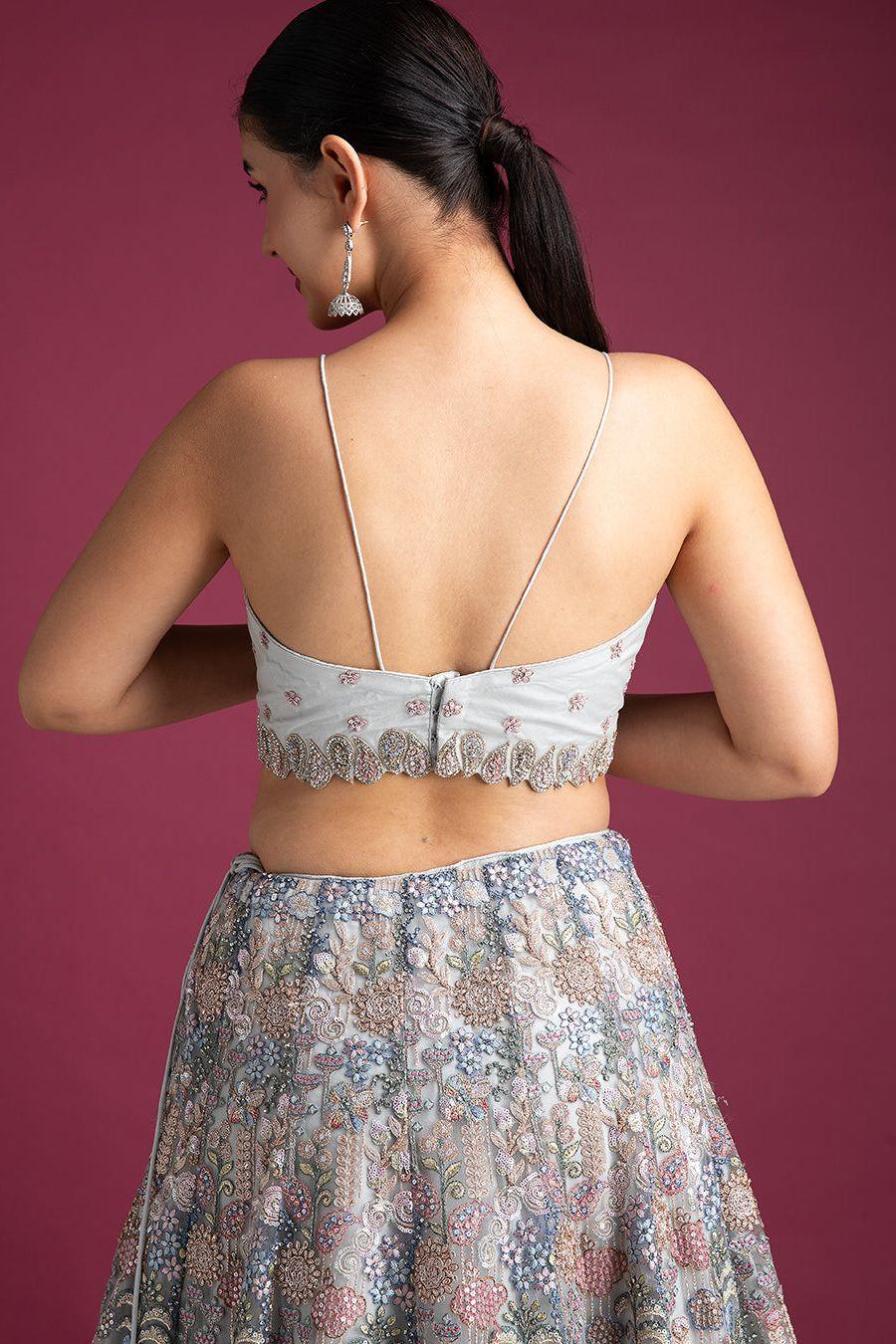 Silver Grey Embroidered Lehenga with Floral Detailing - Mokshaa