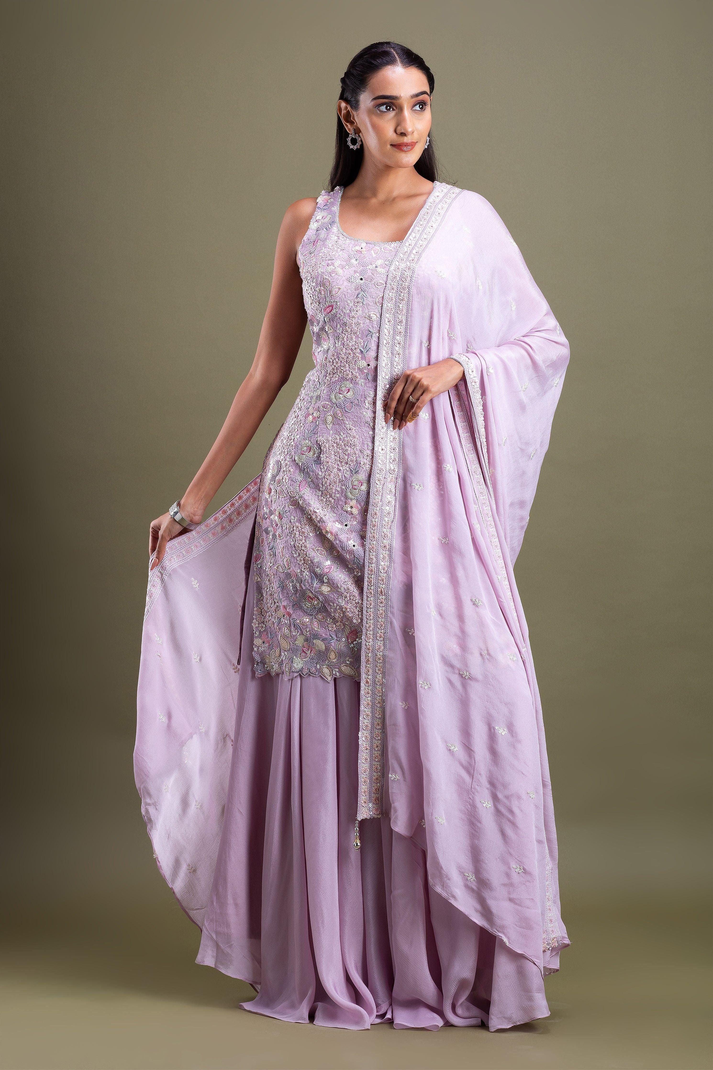 Lavender Embroidered Sharara Set Mokshaa