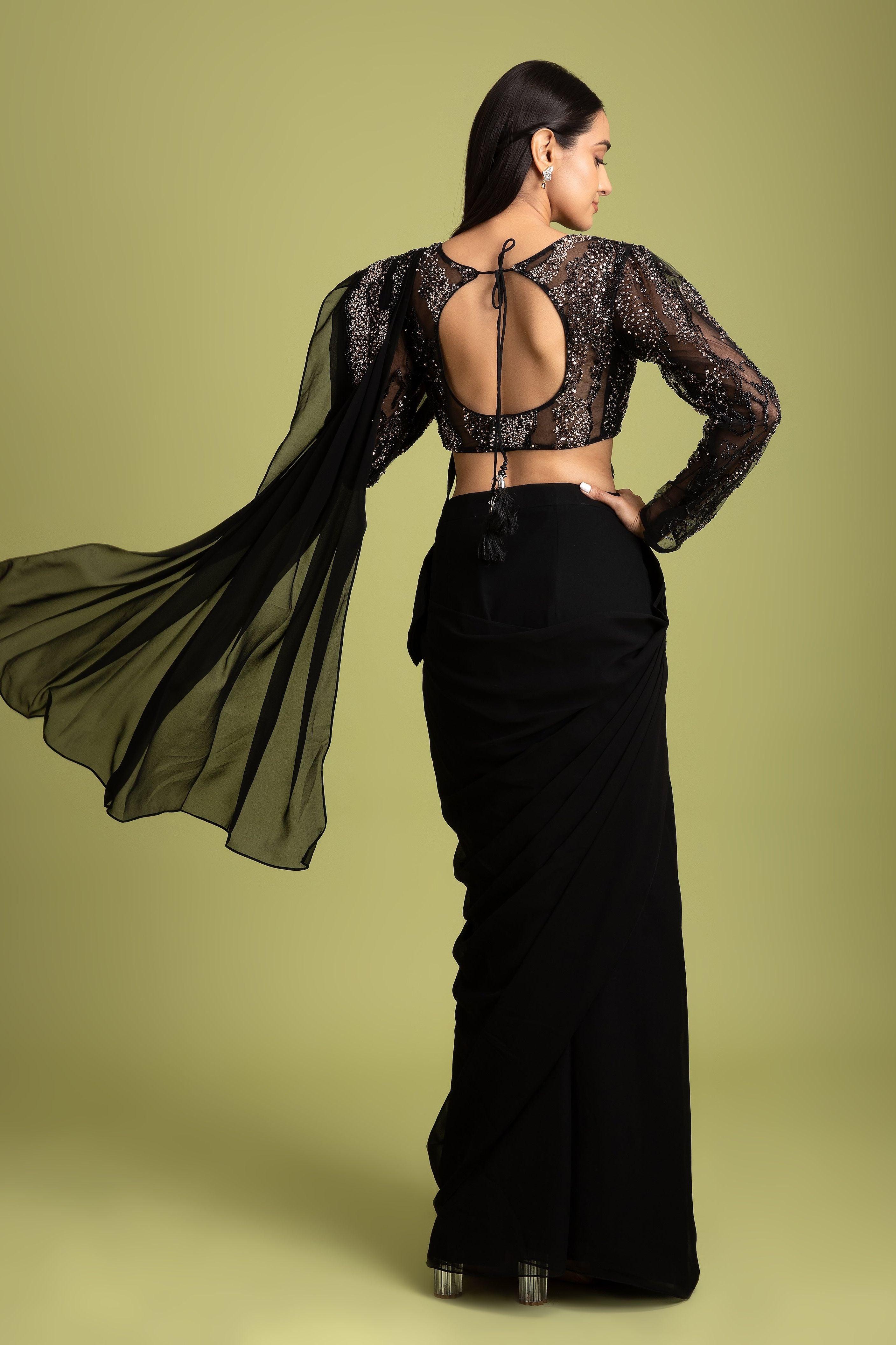 Black Georgette Drape Saree - Mokshaa