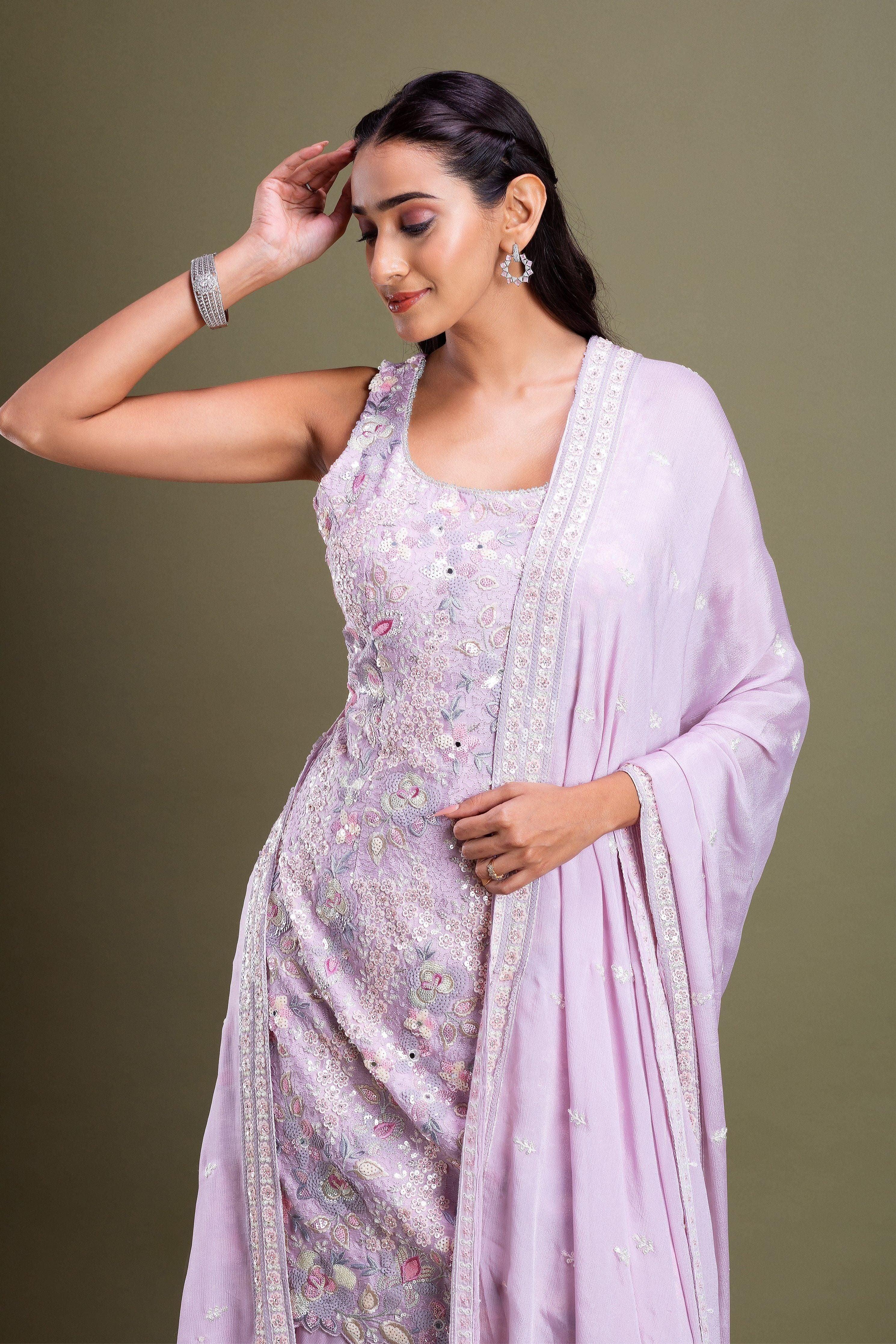 Lavender Embroidered Sharara Set Mokshaa