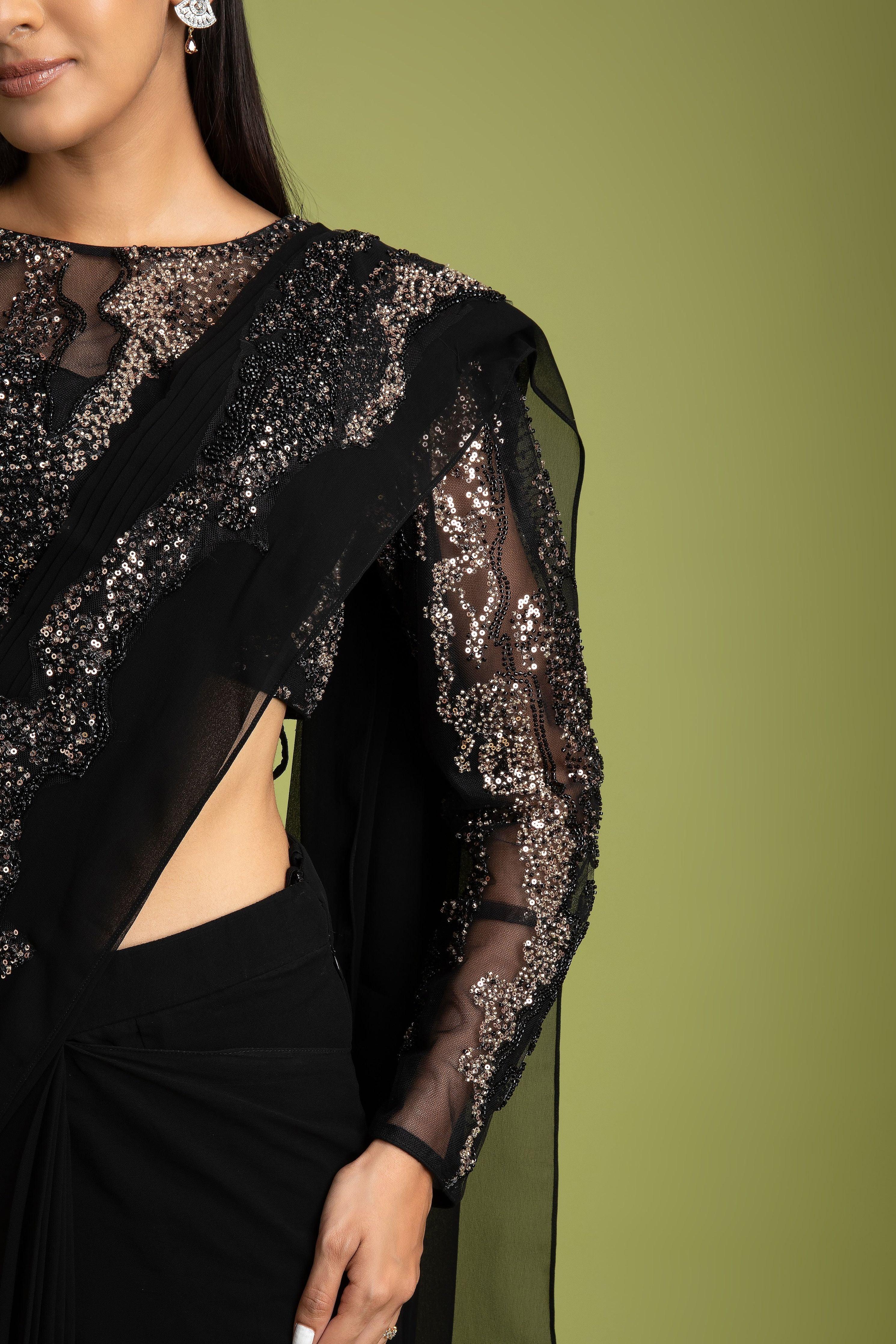 Black Georgette Drape Saree - Mokshaa