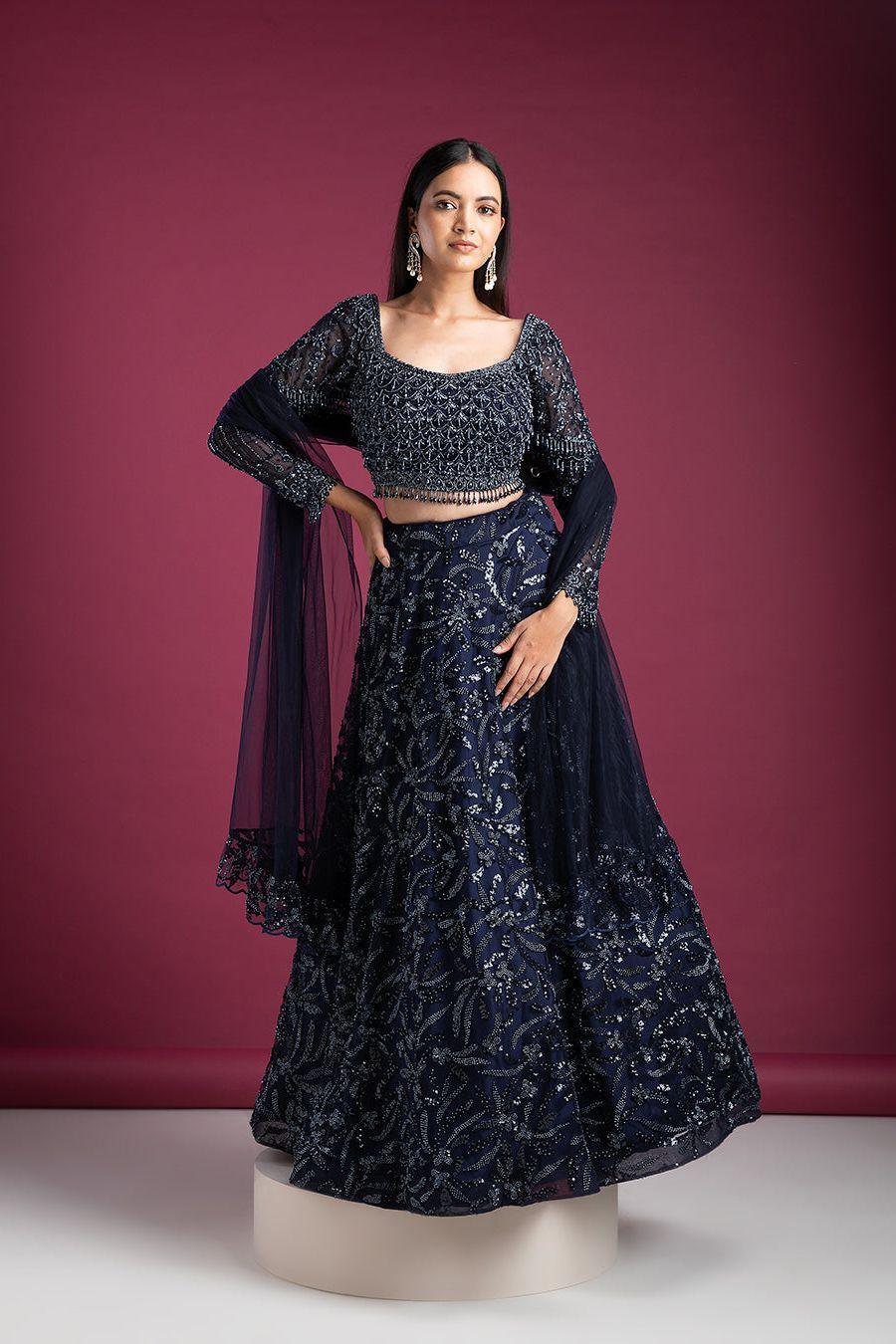 Navy Blue Sequin Lehenga Set - Mokshaa