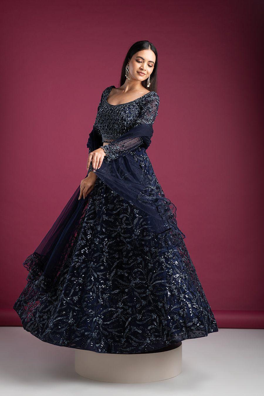 Navy Blue Sequin Lehenga Set - Mokshaa
