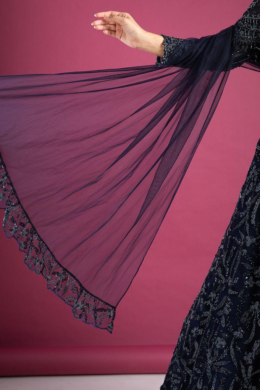 Navy Blue Sequin Lehenga Set - Mokshaa