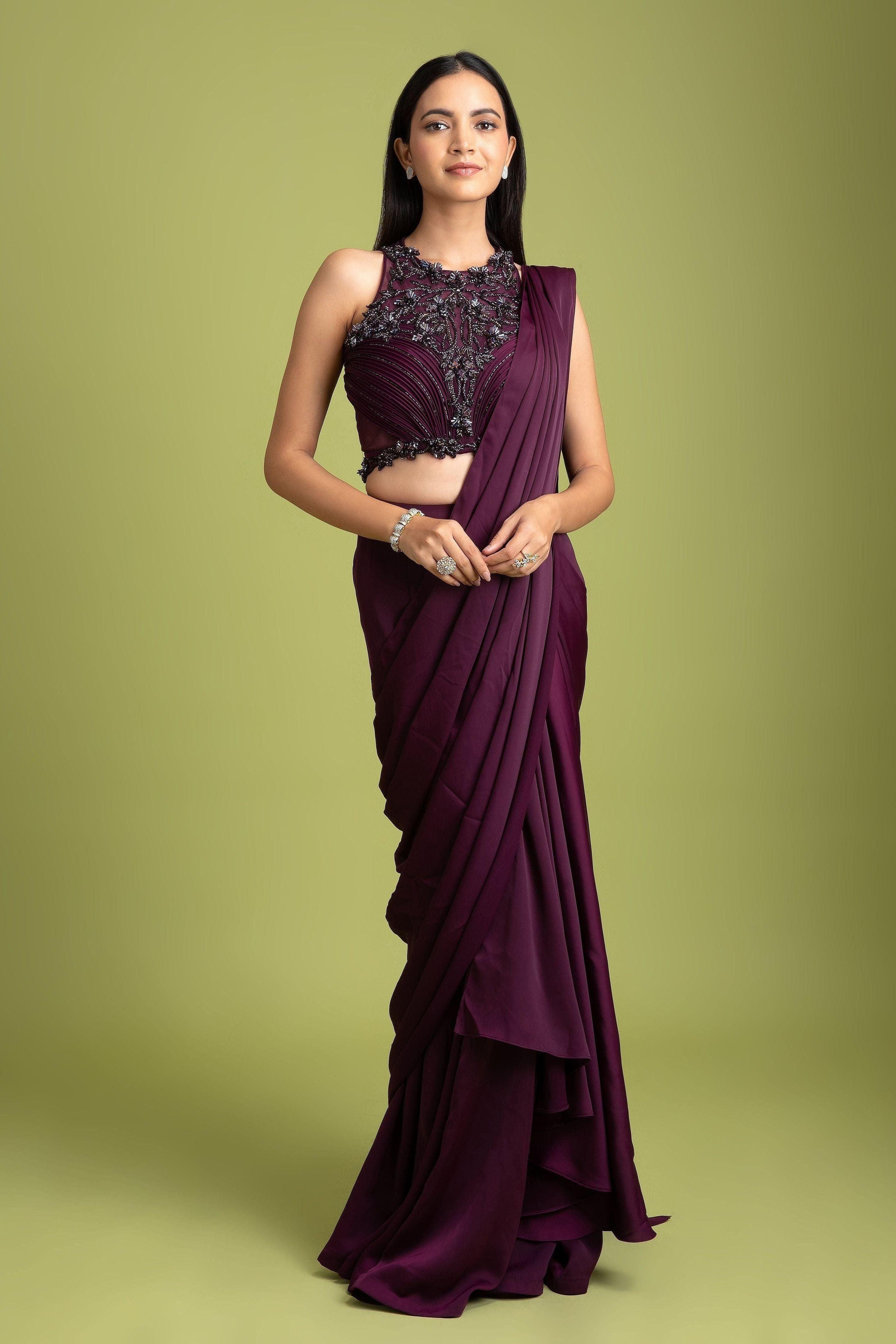 Wine Satin Silk Drape Saree - Mokshaa