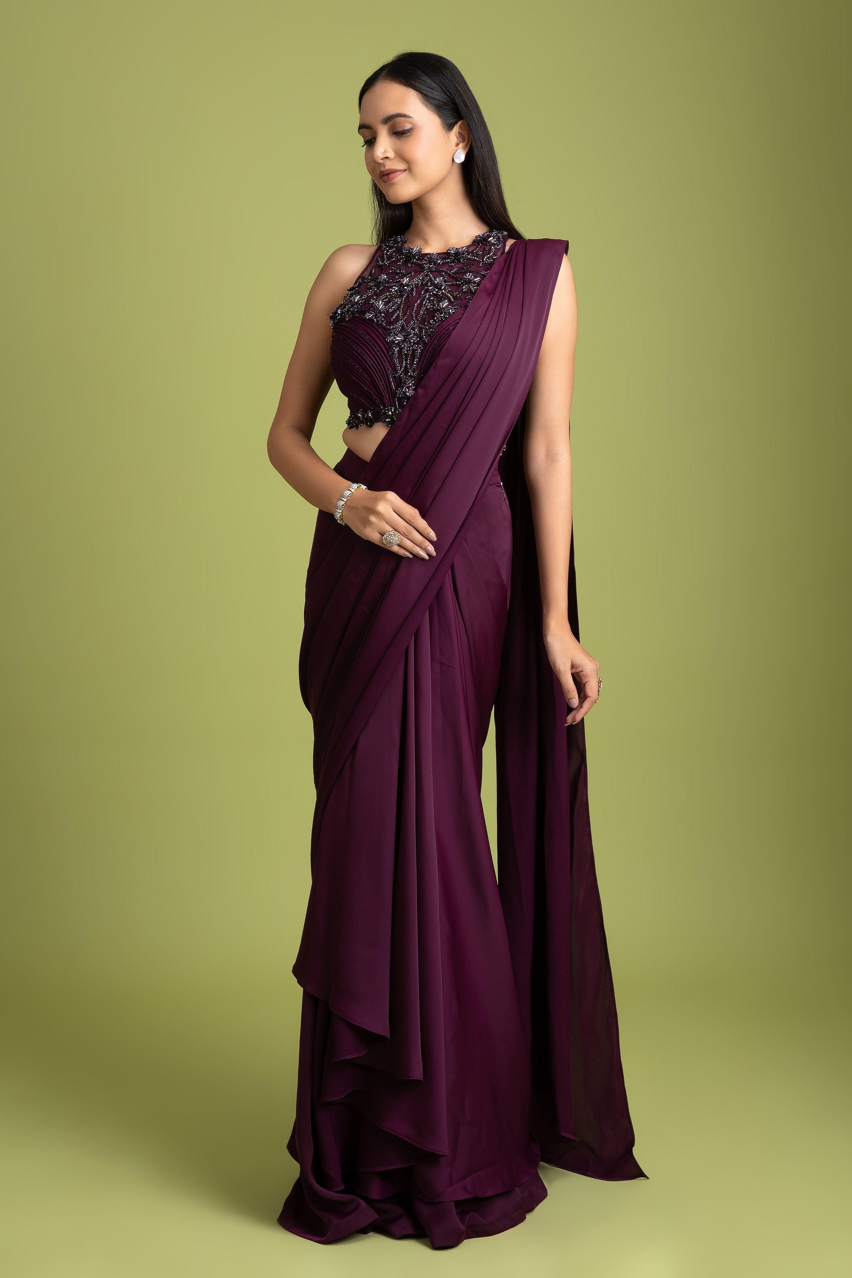 Wine Satin Silk Drape Saree - Mokshaa